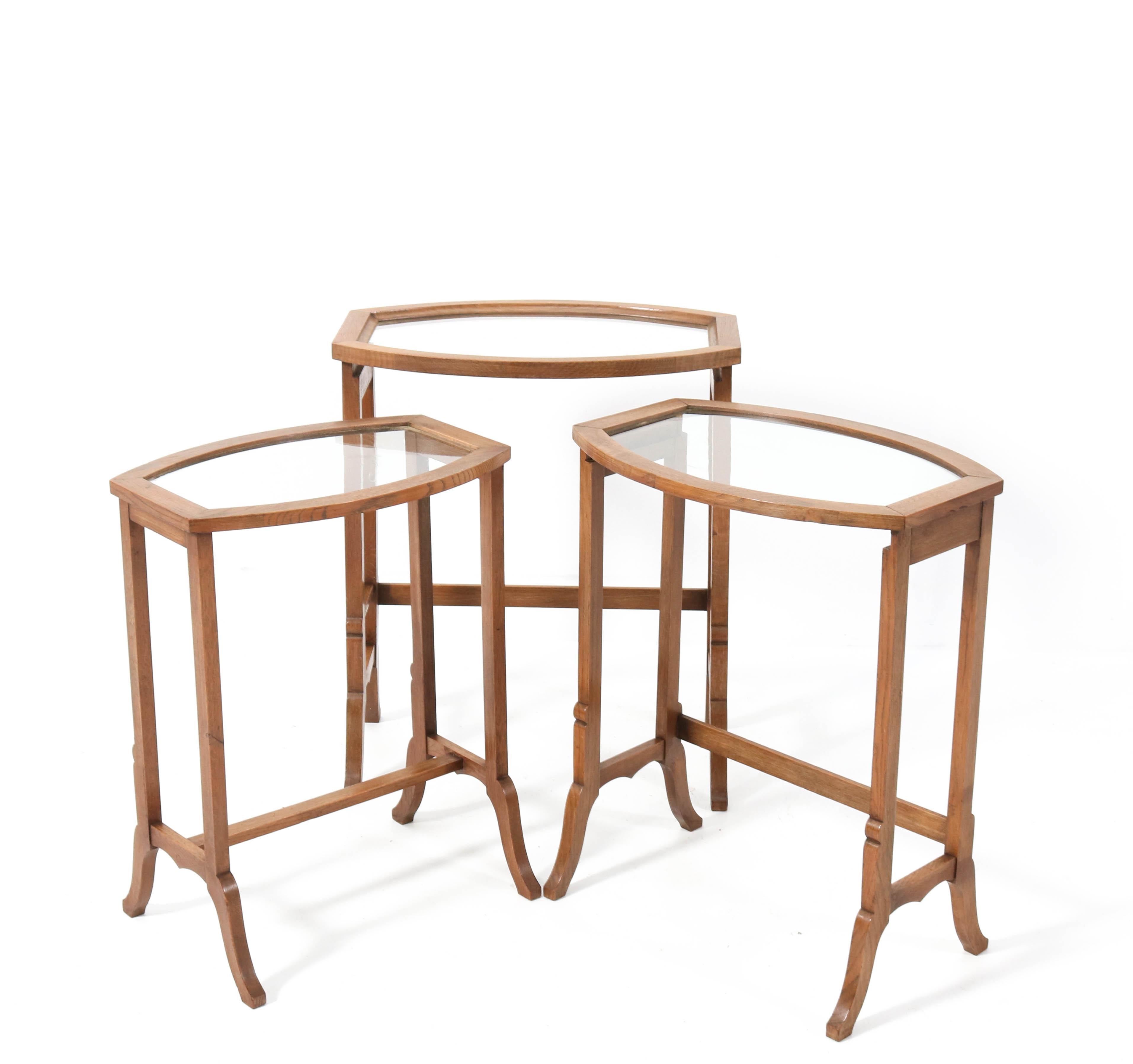 Oak Art Nouveau Nesting Tables with Glass Tops, 1900s For Sale 3