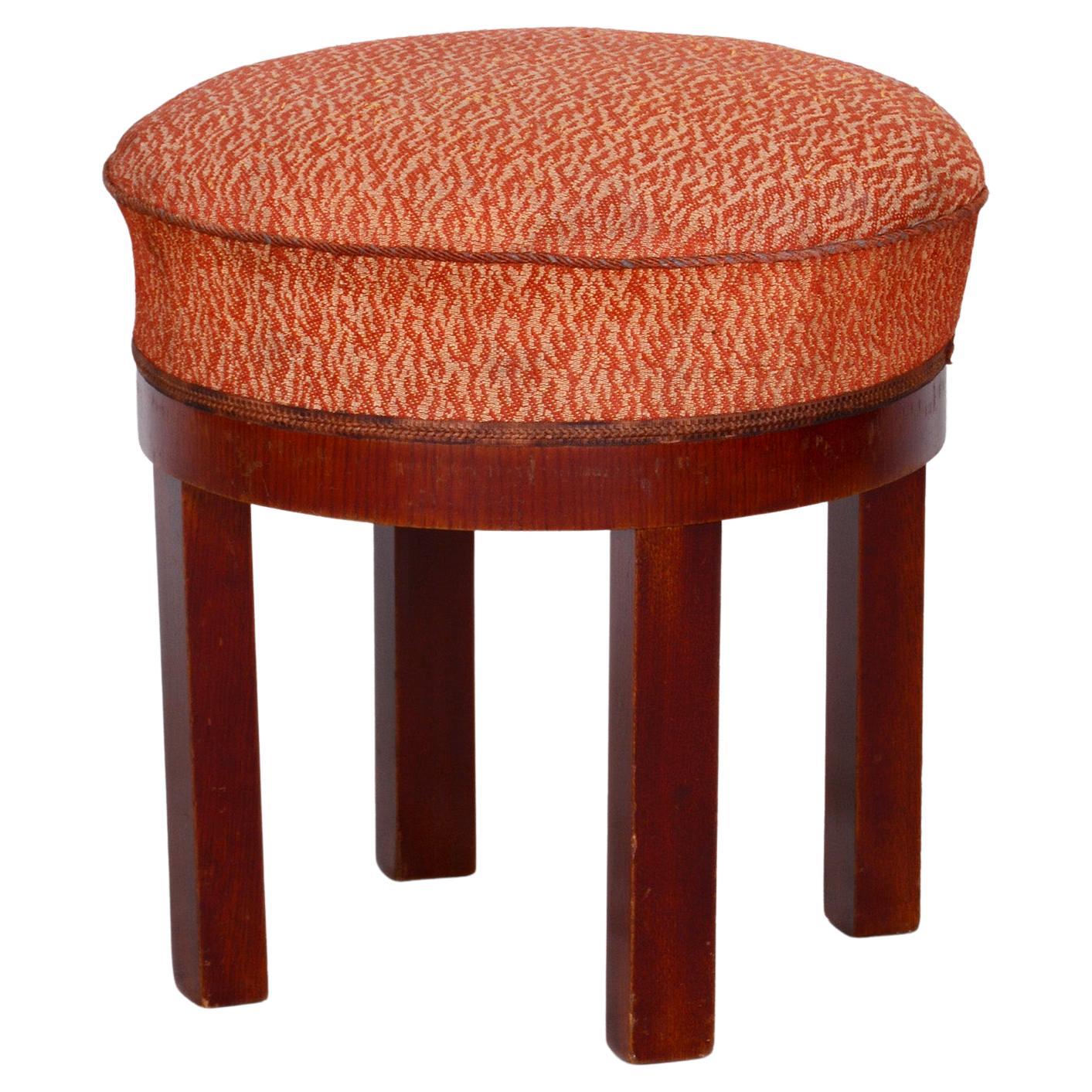 Oak Artdeco Foot Stool Made in´30s Czechia, Original Upholstery, Revived Polish