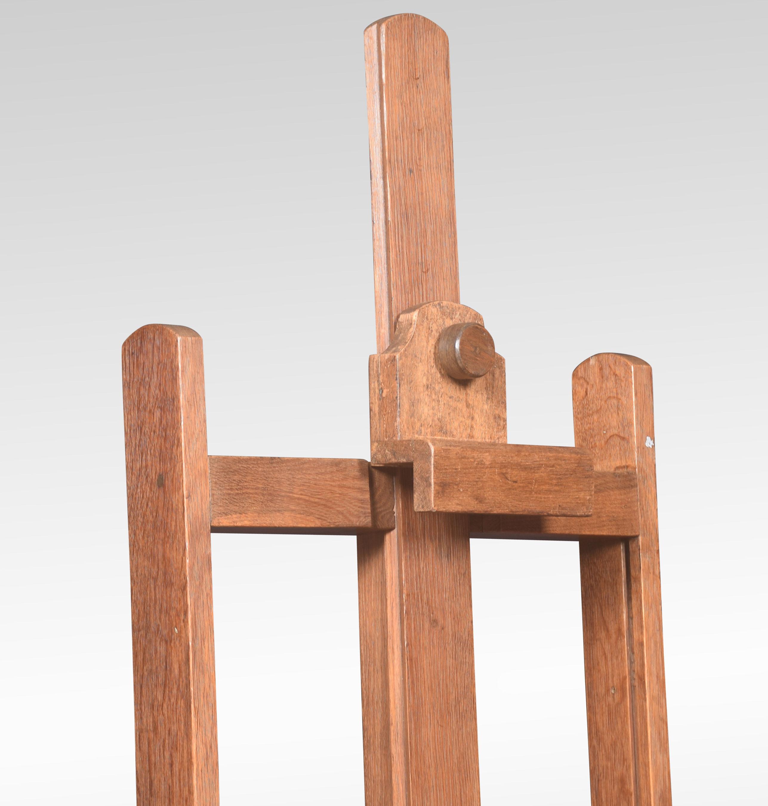 Oak artist’s double-sided easel, with adjustable mechanism, raised up on trestle base terminating in casters
Dimensions:
Height 66 inches adjustable to 100.5 inches
Width 28 inches
Depth 23.5 inches.