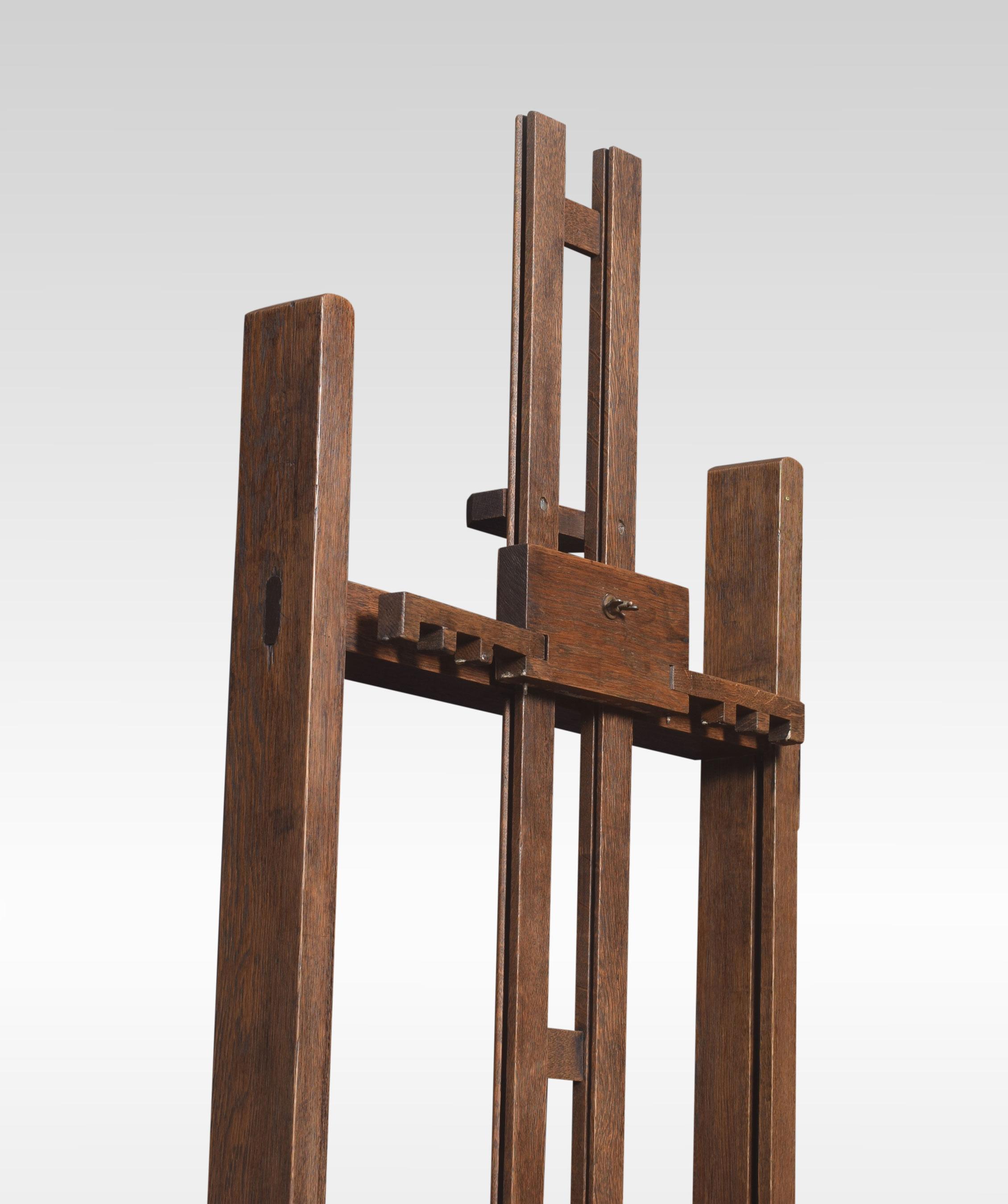 Oak artist’s adjustable studio easel by J Bryce Smith raised up on trestle base terminating in casters.
Dimensions
Height 66 adjustable to 103.5 inches
Width 25 inches
Depth 27 inches.