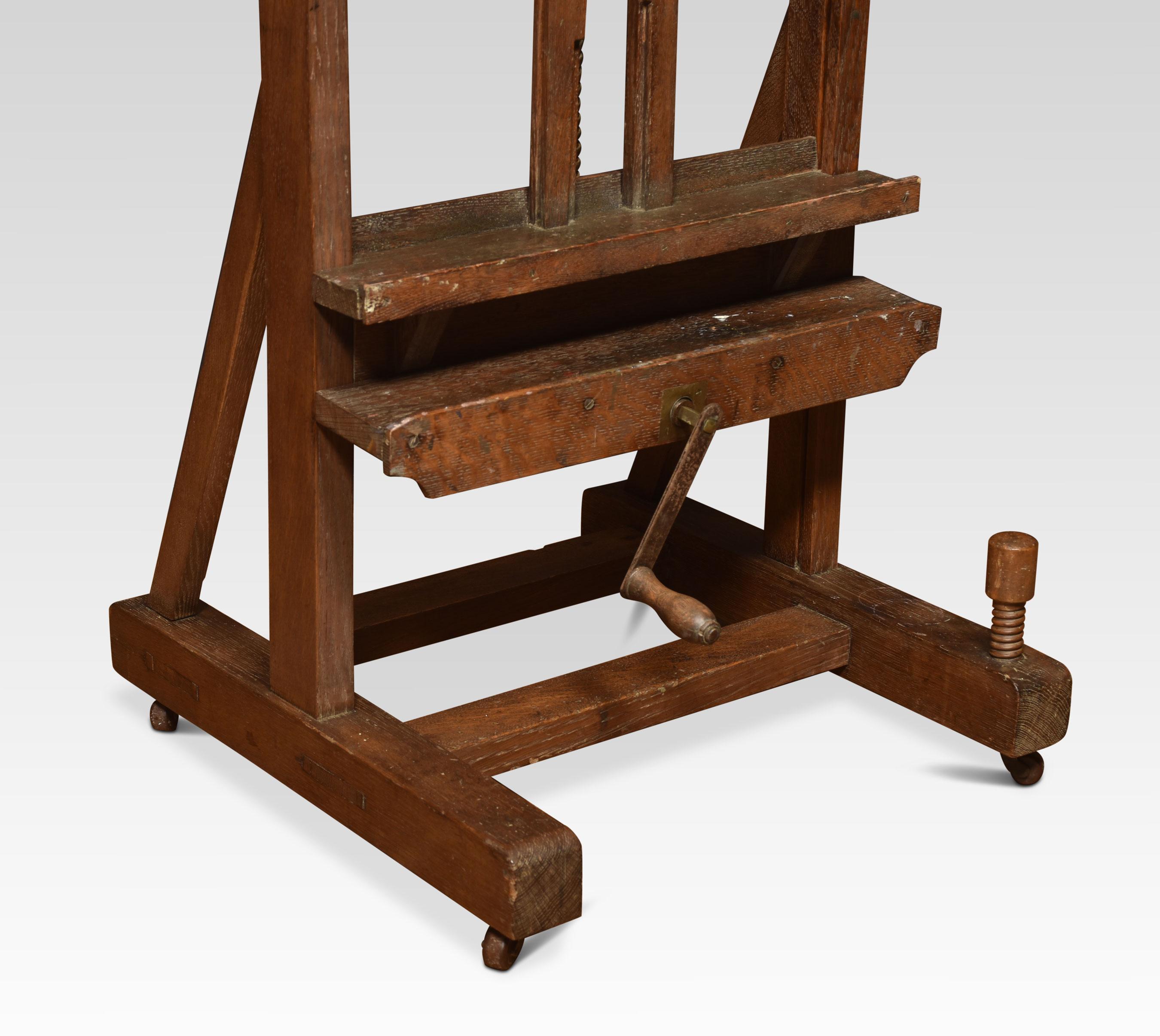 Oak artist’s adjustable studio easel raised up on trestle base terminating in casters.
Dimensions
Height 66 Inches adjustable to 99.5 Inches
Width 24.5 Inches
Depth 25 Inches.