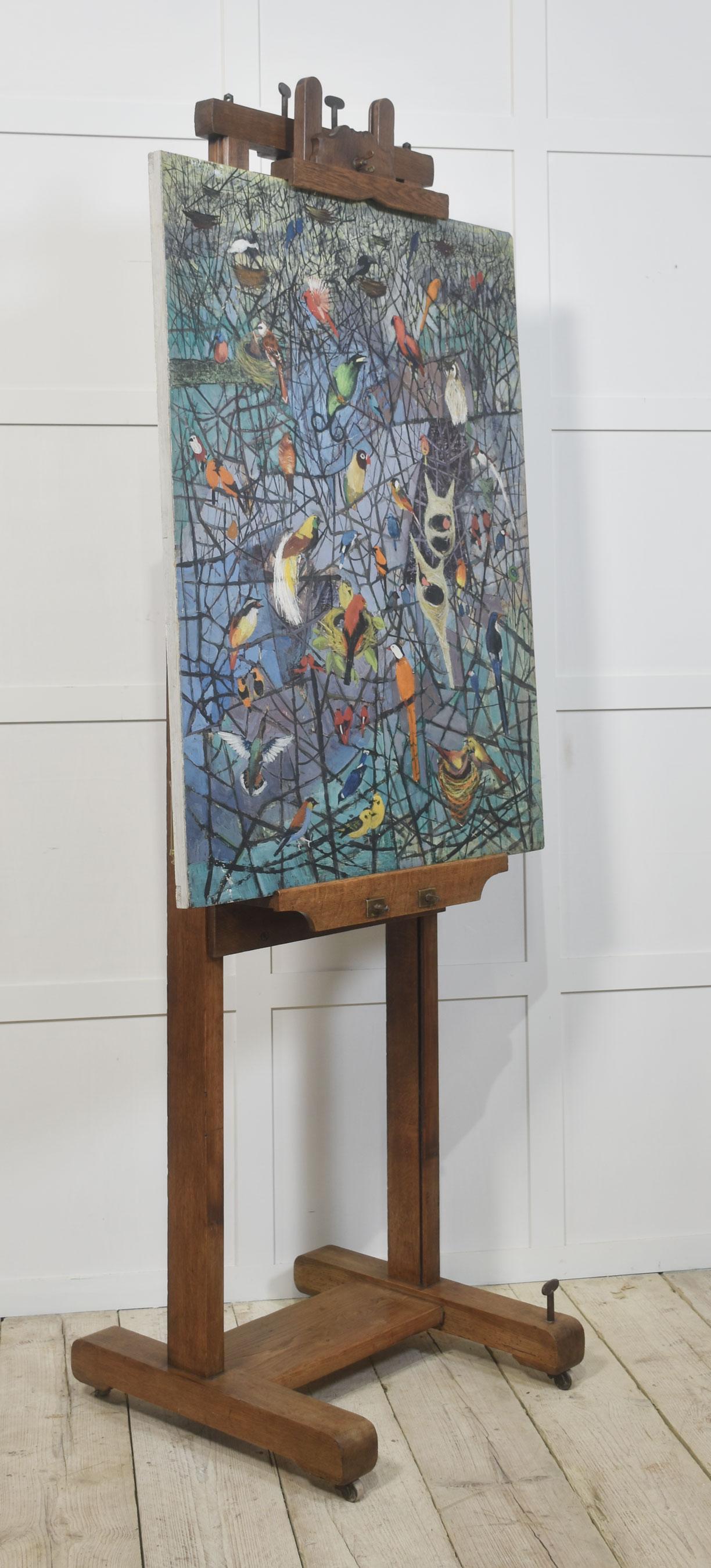 Large oak artist’s fully adjustable studio easel raised up on trestle base terminating in four casters
Dimensions
Height 66 Inches adjustable to 99 Inches
Width 25.5 Inches
Depth 25.5 Inches