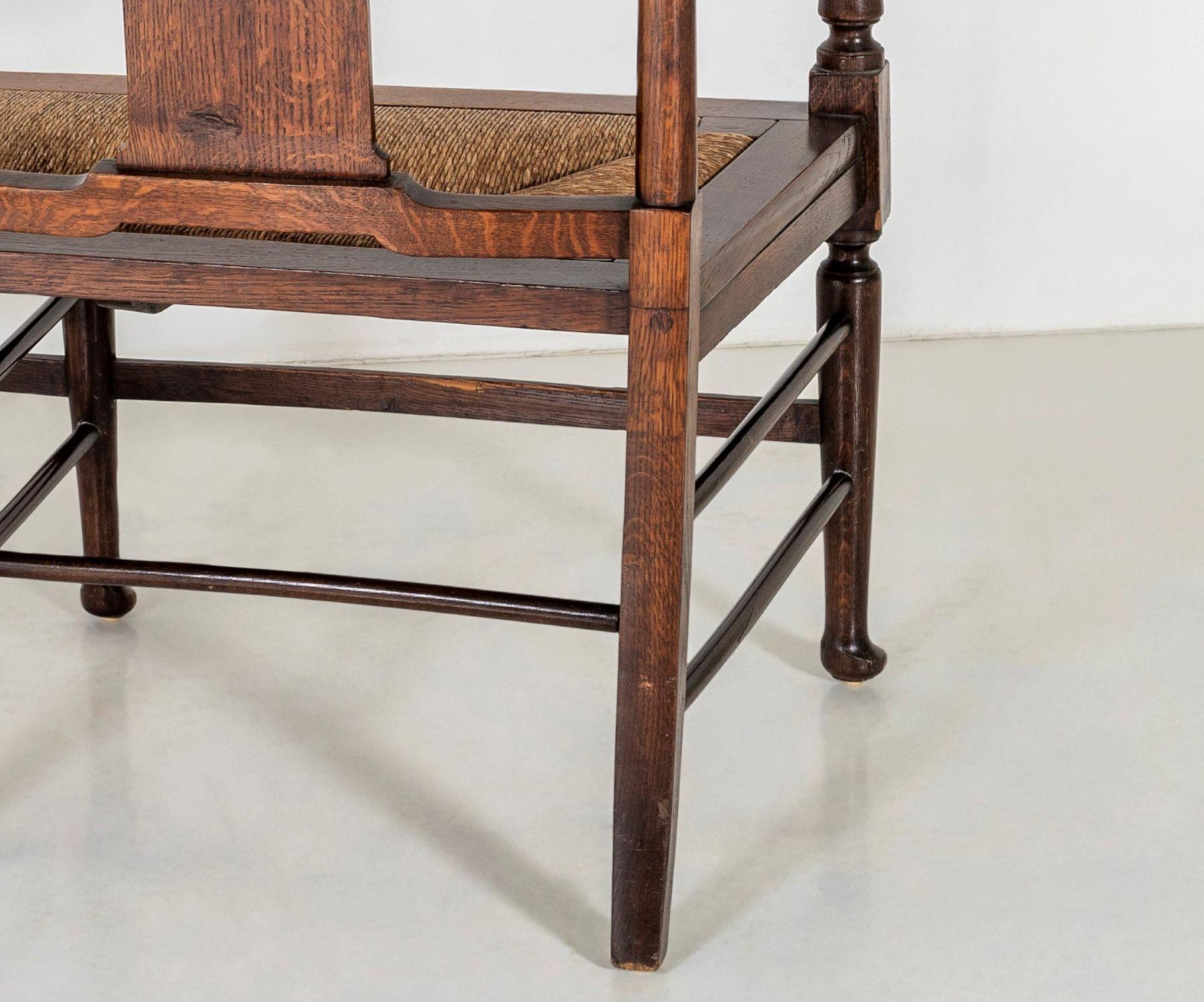 Oak Arts & Craft Bench with Rush Seat in the manner of William Morris & Co 4