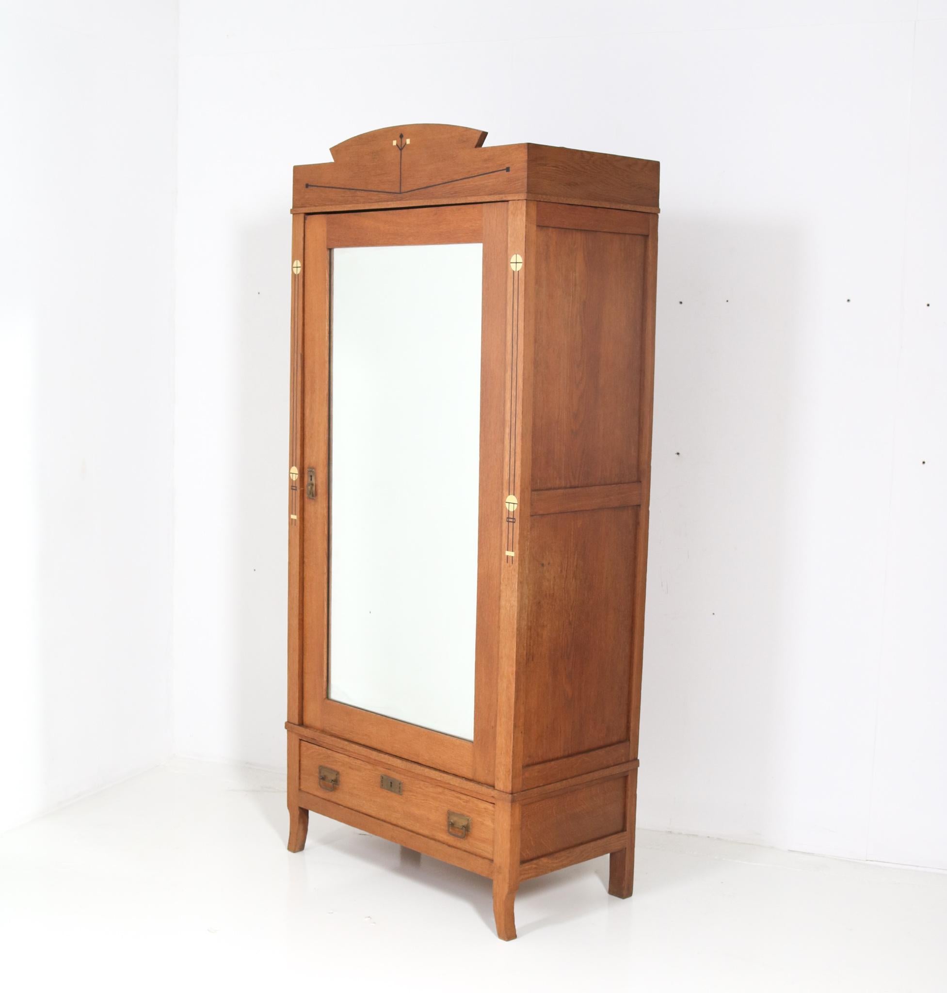 Dutch Oak Arts & Crafts Armoire or Wardrobe with Inlay, 1900s