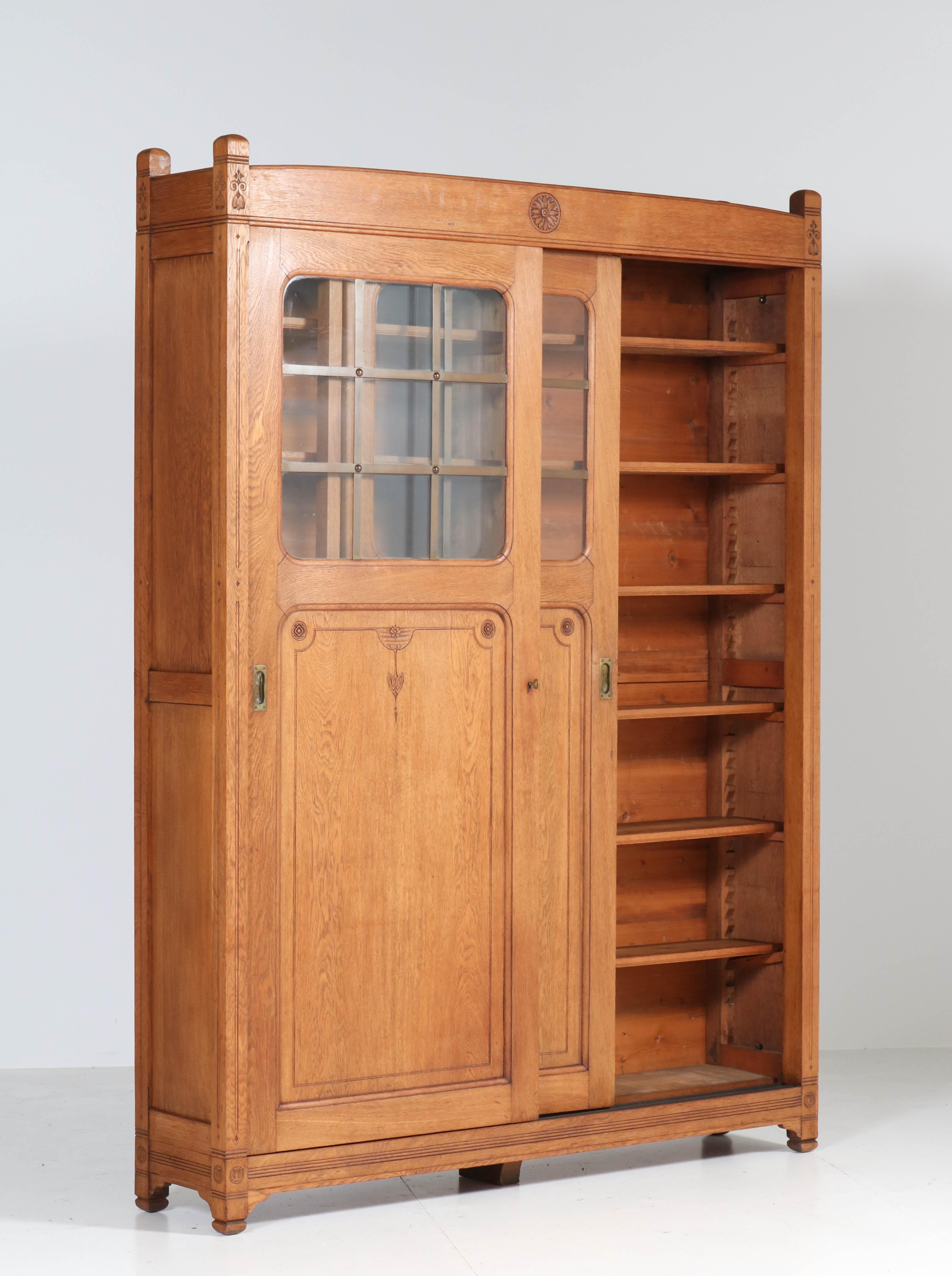 Oak Arts & Crafts Art Nouveau Bookcase with Original Sliding Doors, 1900s 3
