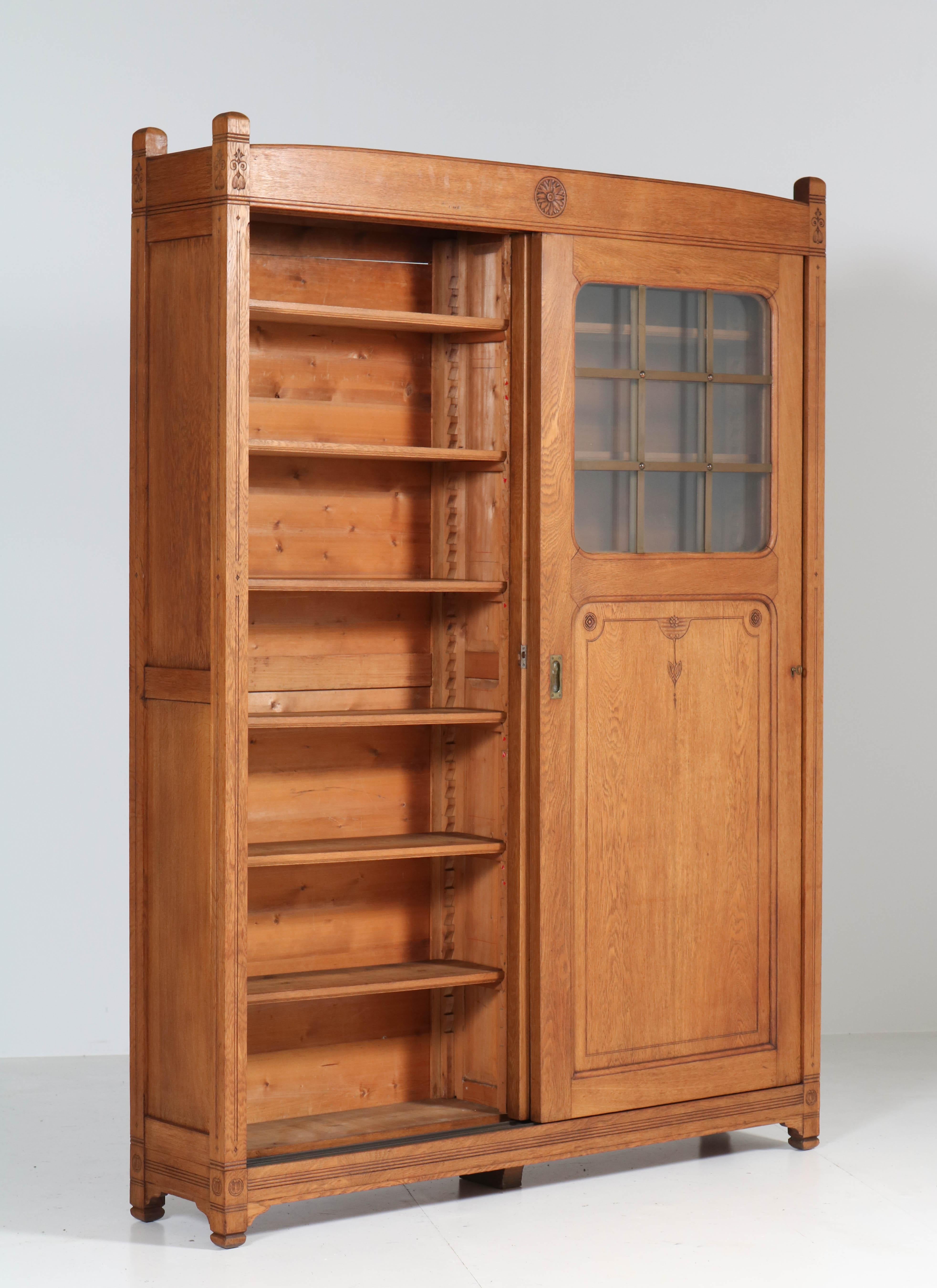 Oak Arts & Crafts Art Nouveau Bookcase with Original Sliding Doors, 1900s 2