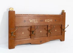 Oak Arts & Crafts Art Nouveau Coat Rack with Inlay, 1900s