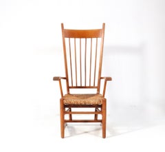 Oak Arts & Crafts Art Nouveau High Back Armchair with Rush Seat, 1900s