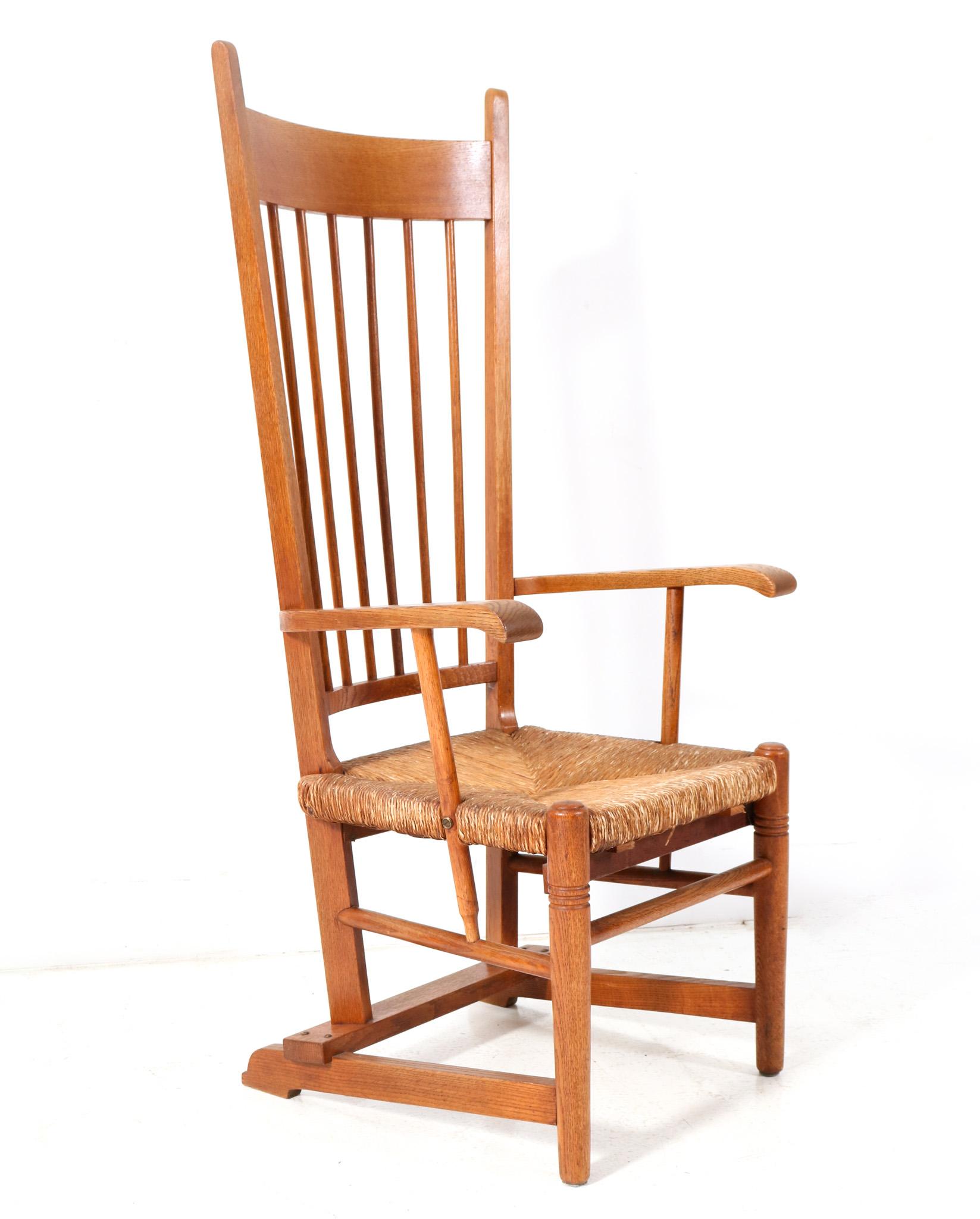 Arts and Crafts Oak Arts & Crafts Art Nouveau High Back Armchair with Rush Seat, 1900s