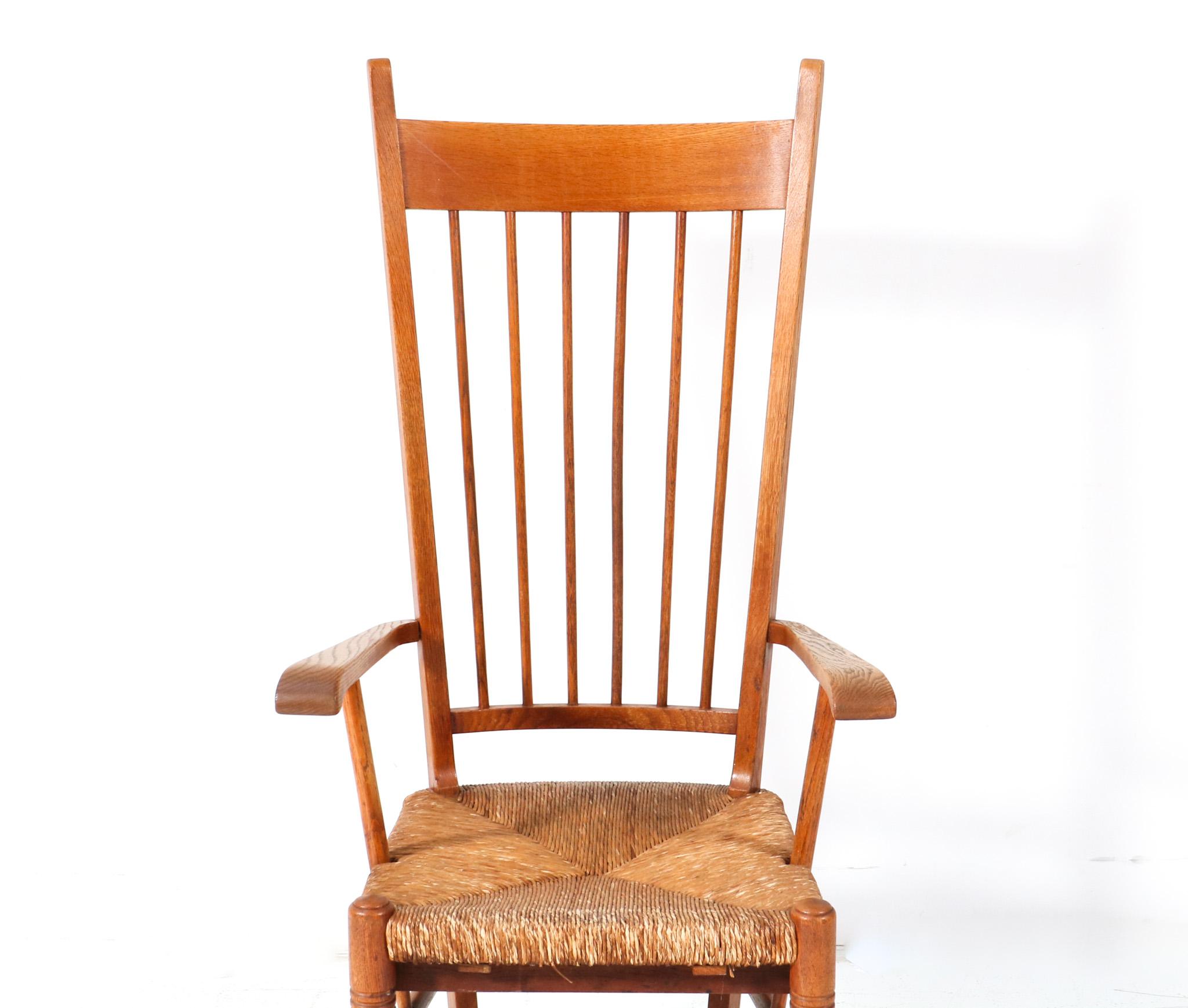 Arts and Crafts Oak Arts & Crafts Art Nouveau High Back Armchair with Rush Seat, 1900s For Sale
