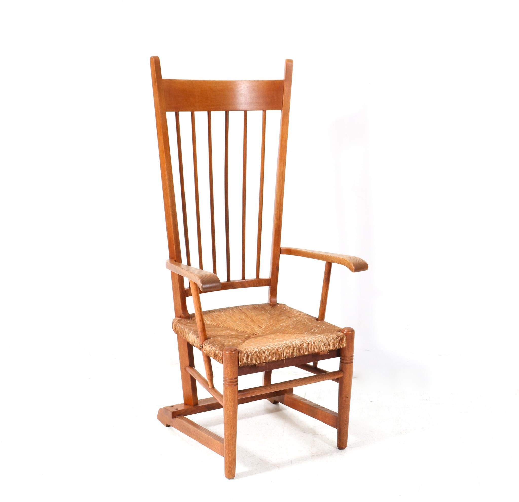 Dutch Oak Arts & Crafts Art Nouveau High Back Armchair with Rush Seat, 1900s