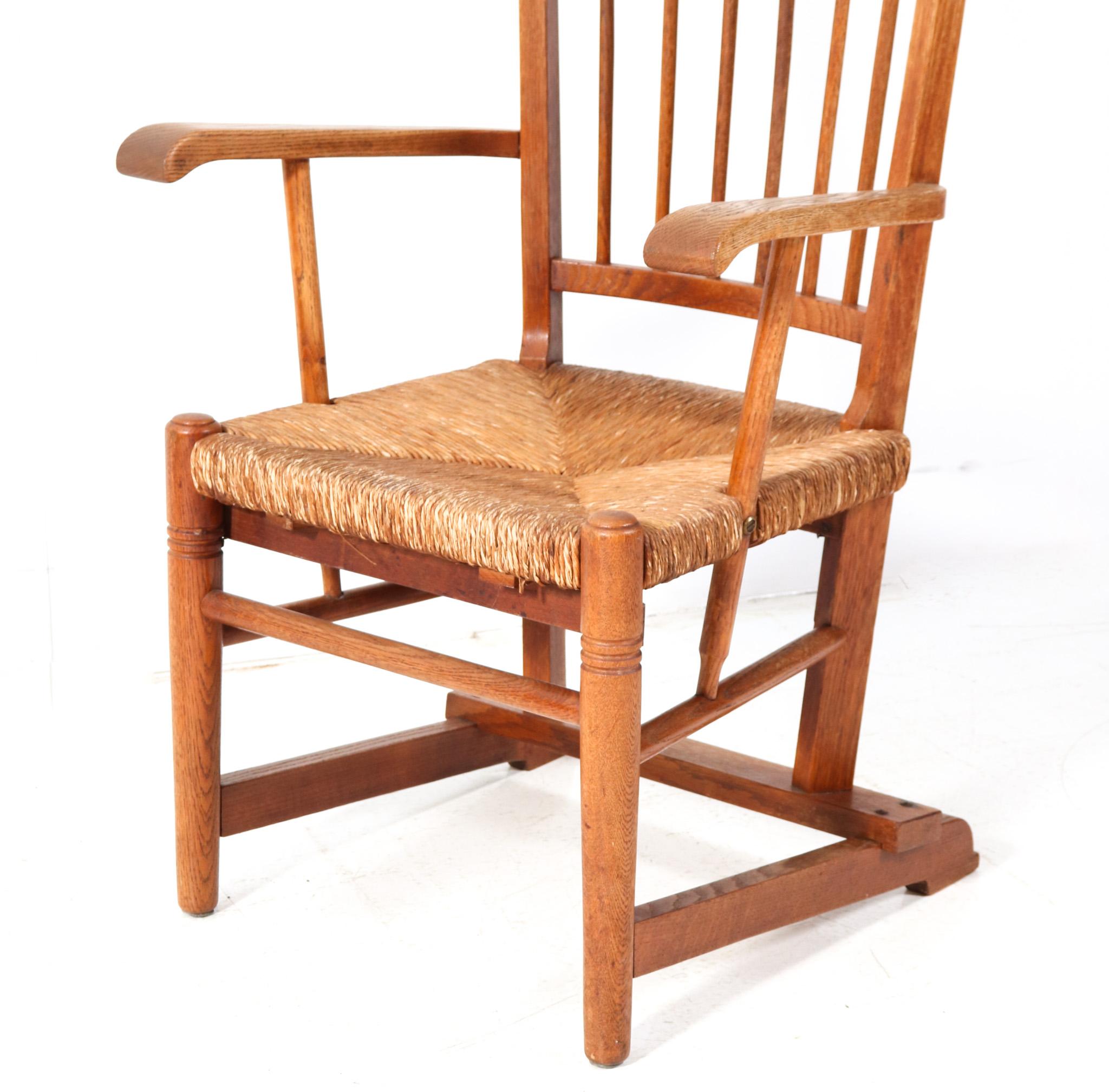 Oak Arts & Crafts Art Nouveau High Back Armchair with Rush Seat, 1900s 1