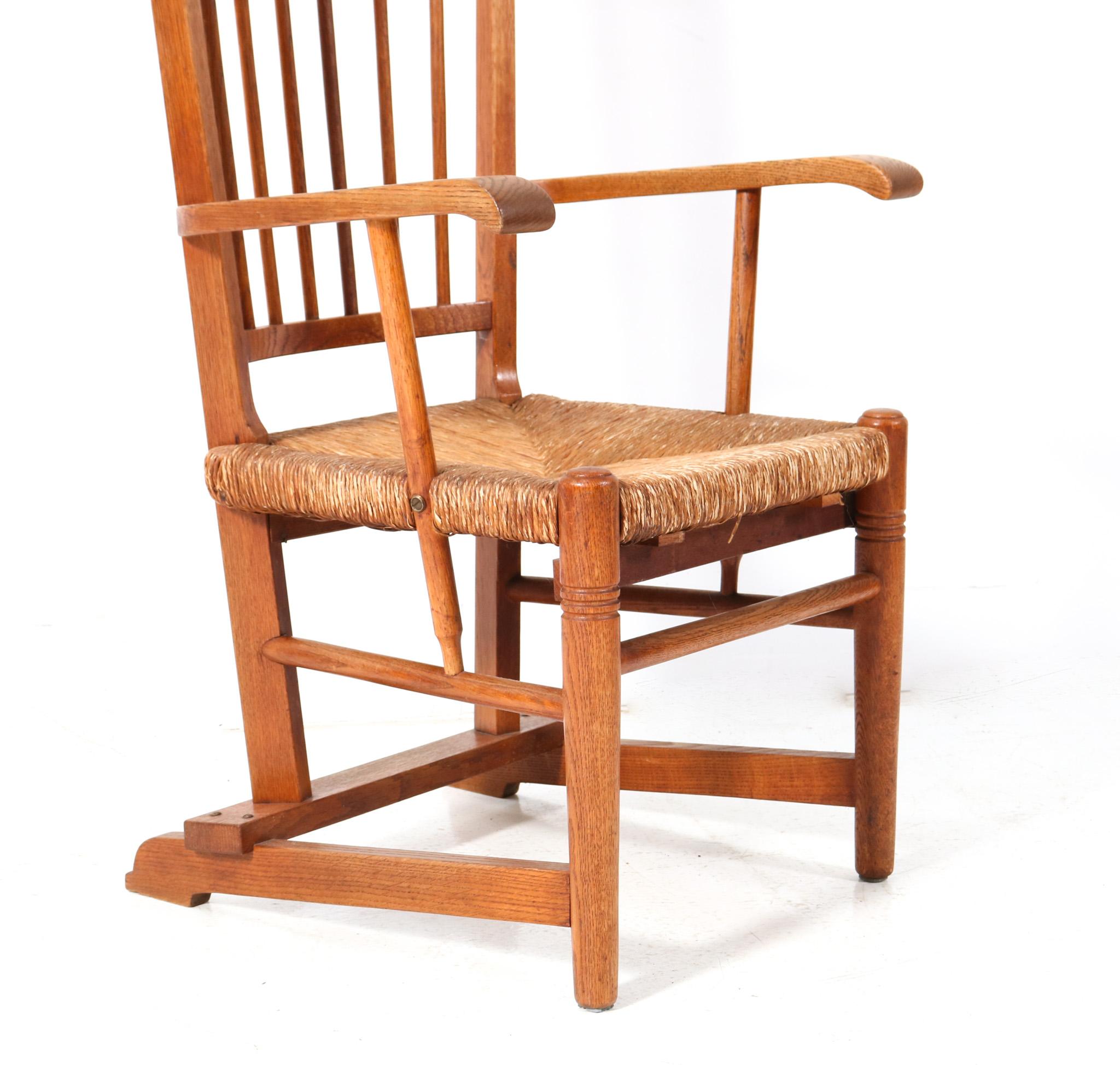 Oak Arts & Crafts Art Nouveau High Back Armchair with Rush Seat, 1900s For Sale 1