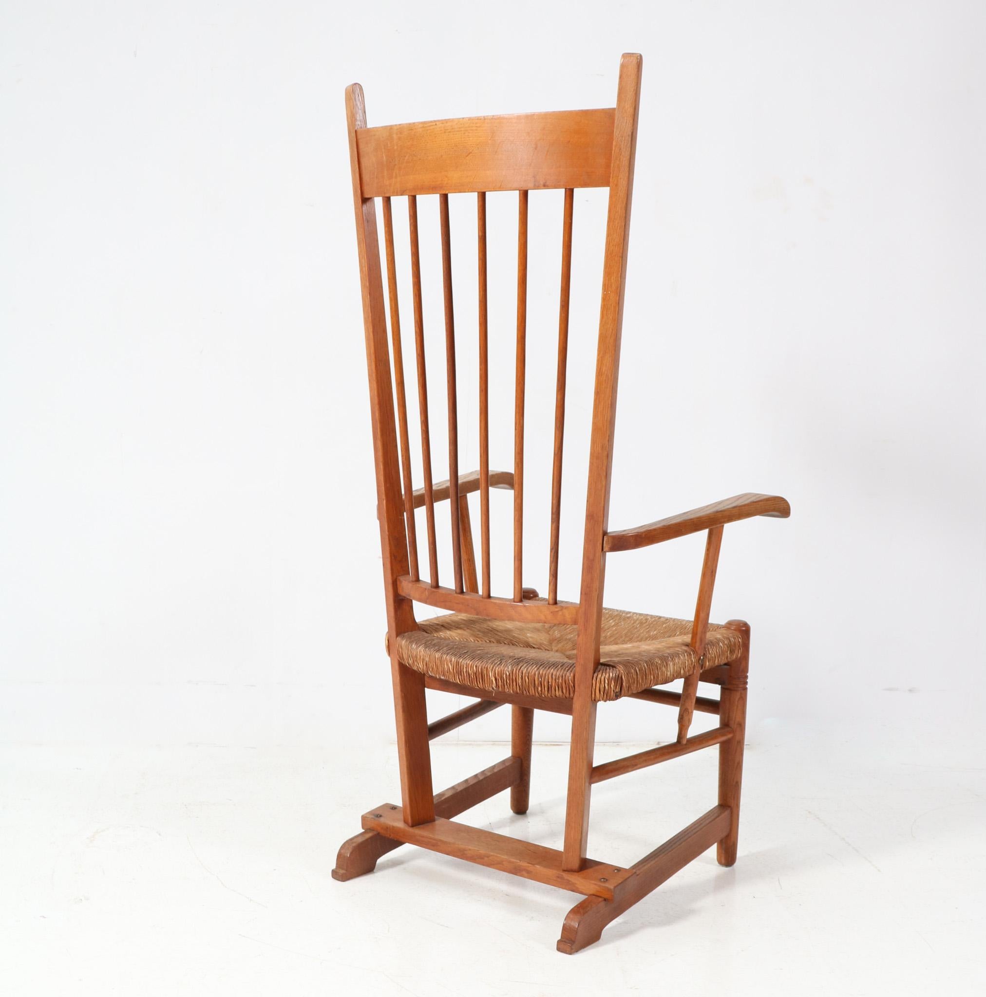Oak Arts & Crafts Art Nouveau High Back Armchair with Rush Seat, 1900s For Sale 2