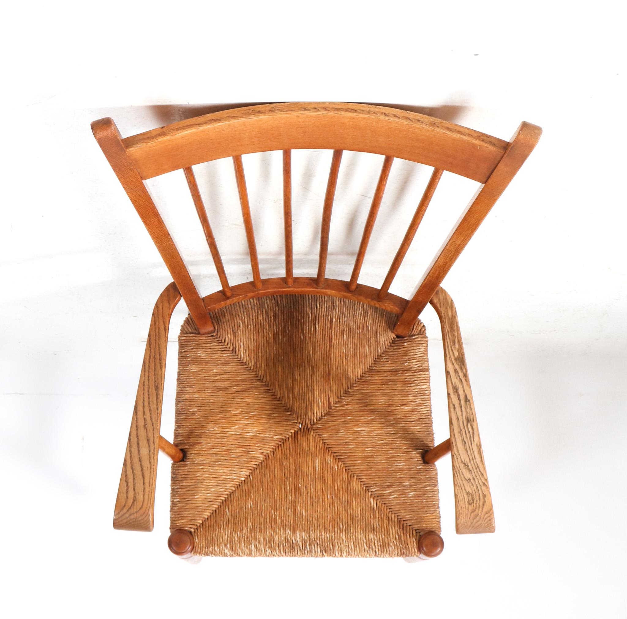 Oak Arts & Crafts Art Nouveau High Back Armchair with Rush Seat, 1900s 3