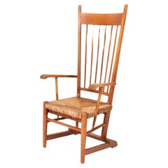 EICHE Arts & Craft Jugendstil Sessel mit hoher Rückenlehne und Binsen Sitz, 1900s