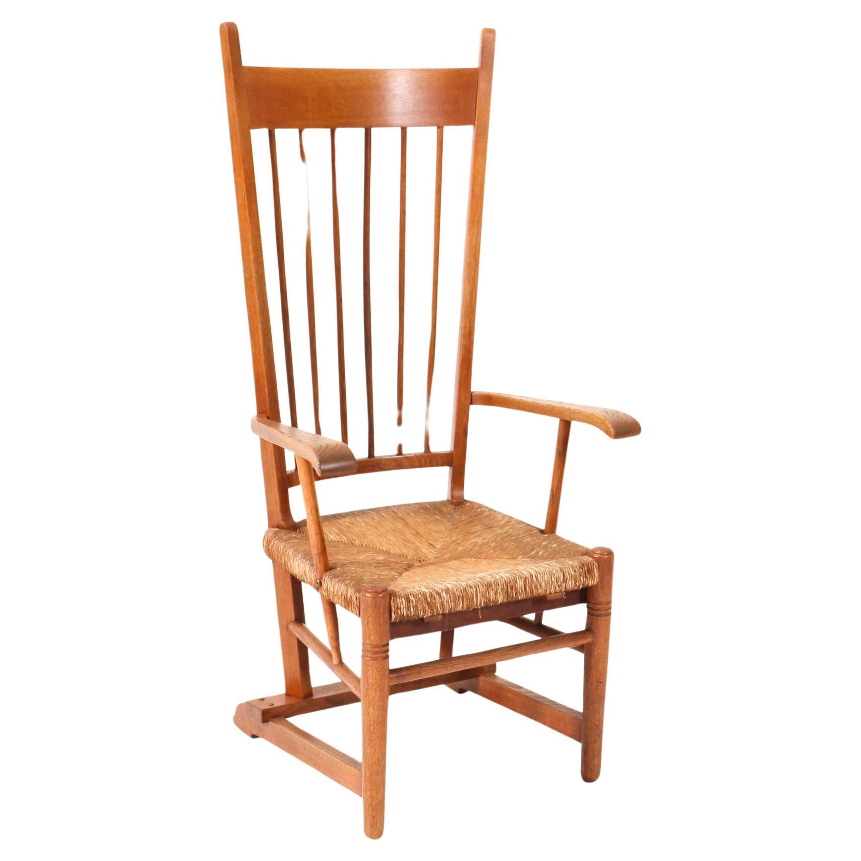 Oak Arts & Crafts Art Nouveau High Back Armchair with Rush Seat, 1900s For Sale