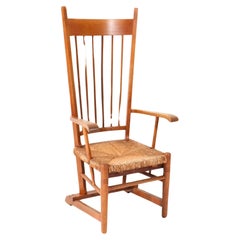 Antique Oak Arts & Crafts Art Nouveau High Back Armchair with Rush Seat, 1900s
