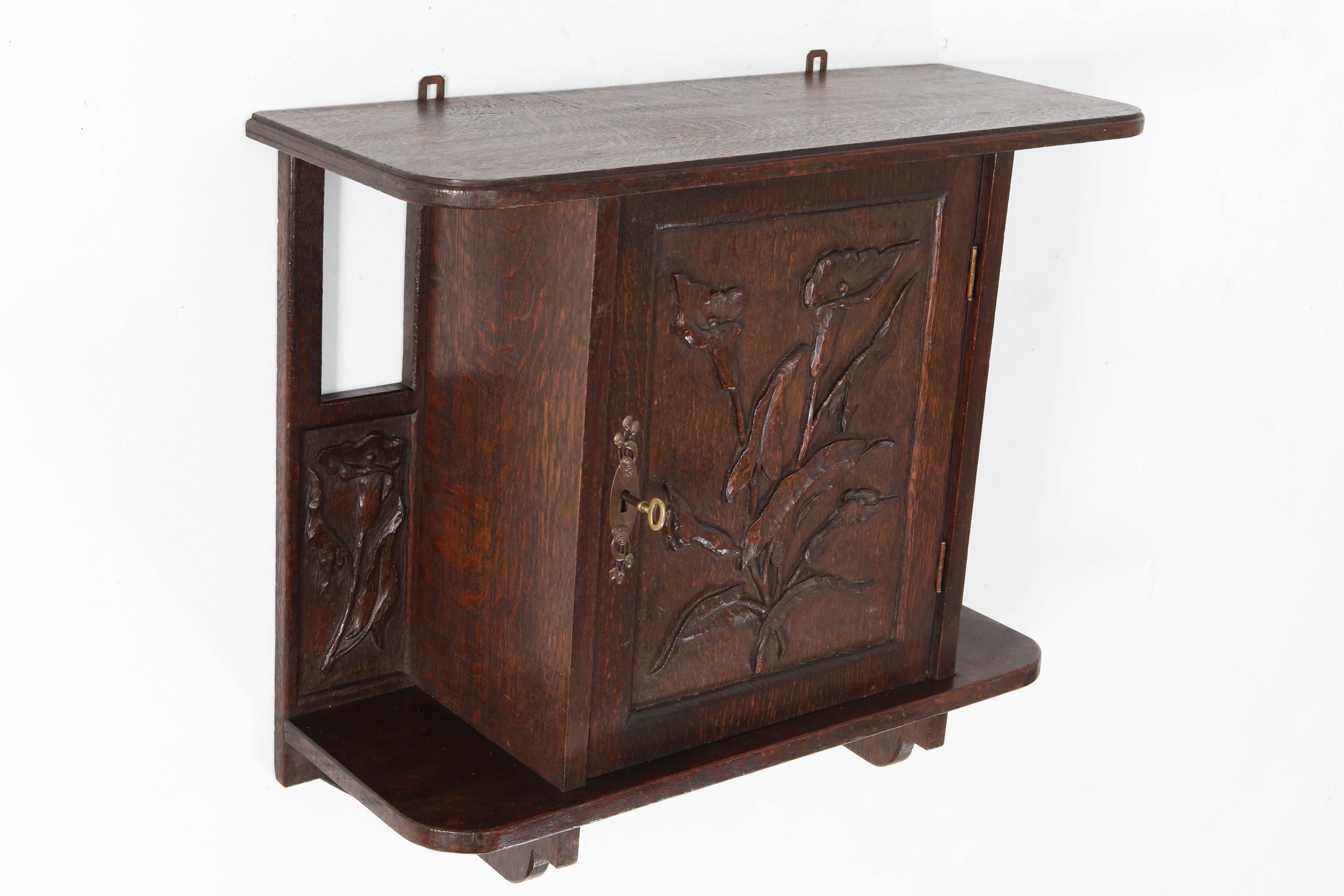 Arts and Crafts Oak Arts & Crafts Art Nouveau Wall Cabinet with Calla Lilies, 1900s For Sale