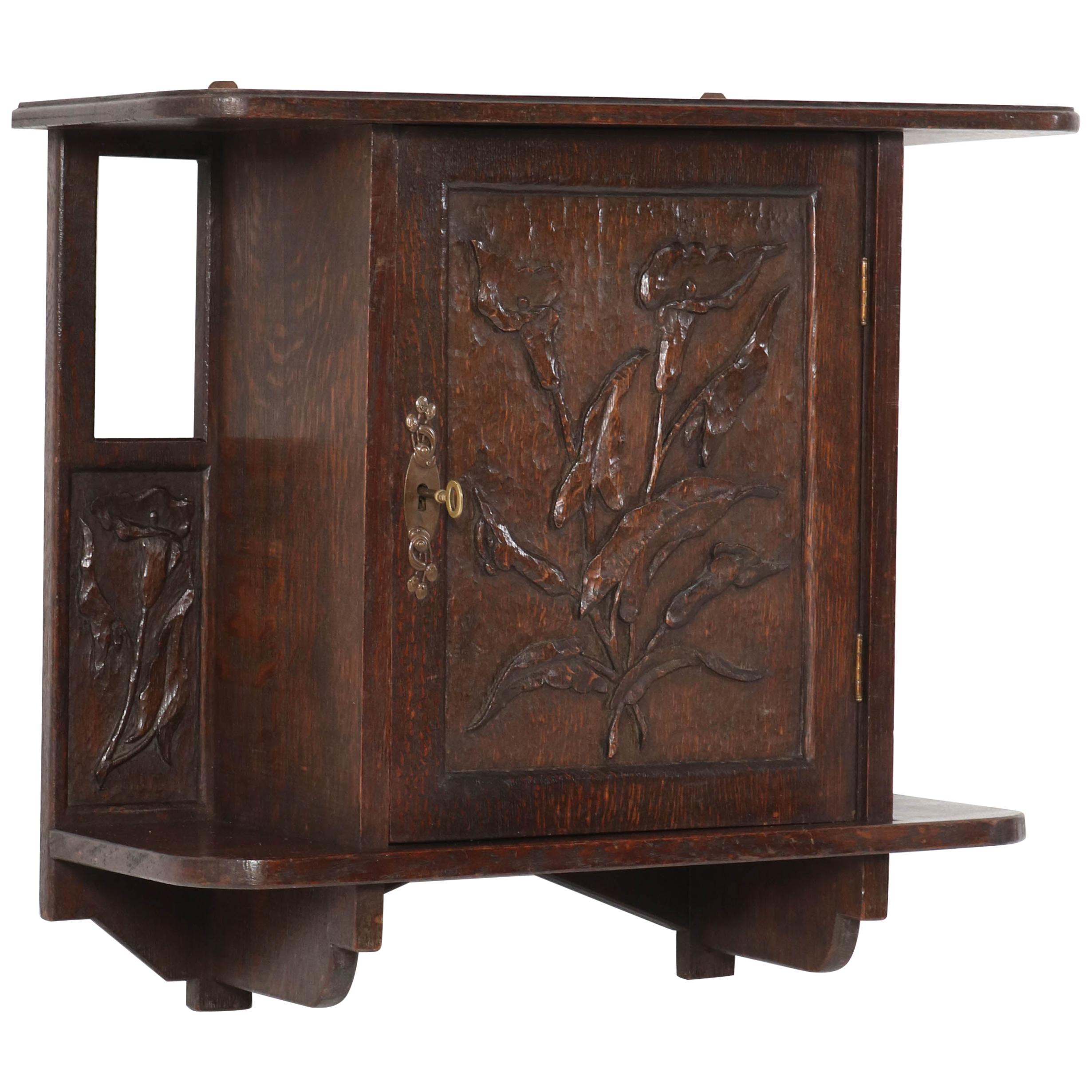 Oak Arts & Crafts Art Nouveau Wall Cabinet with Calla Lilies, 1900s For Sale