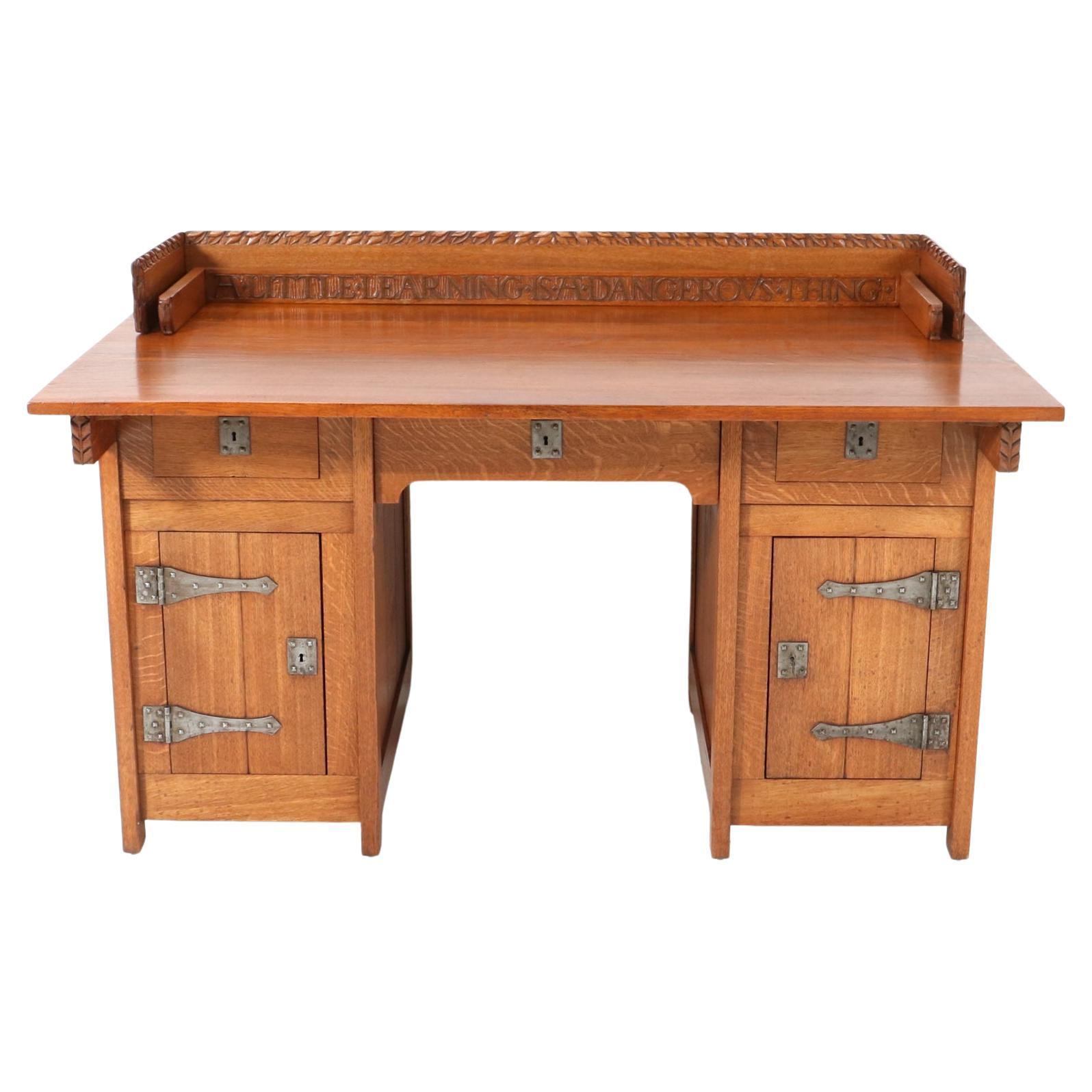 Oak Arts & Crafts Pedestal Desk by Alexander J. Kropholler, 1890s For Sale