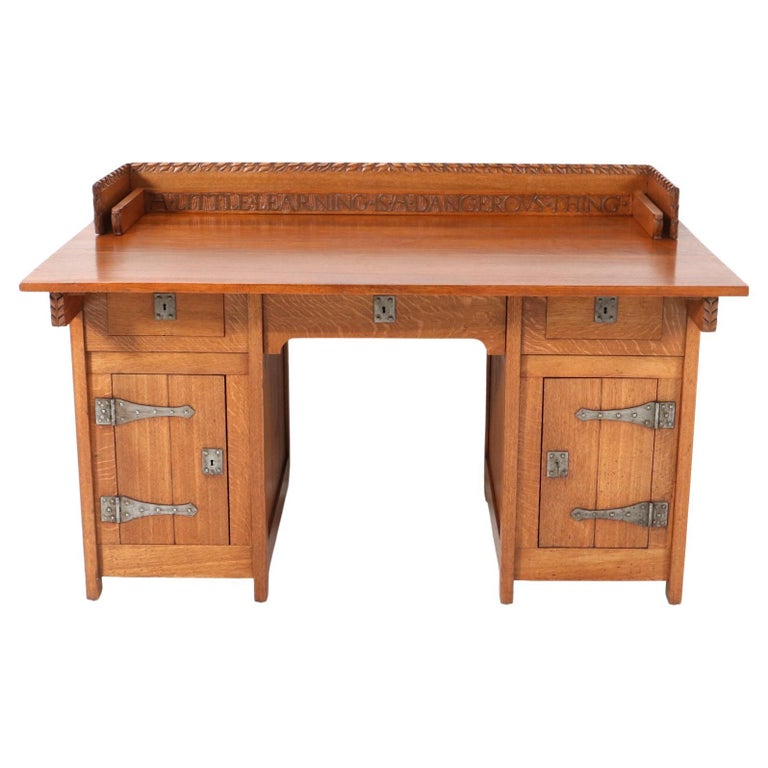 Oak Arts and Crafts Pedestal Desk by Alexander J. Kropholler, 1890s For