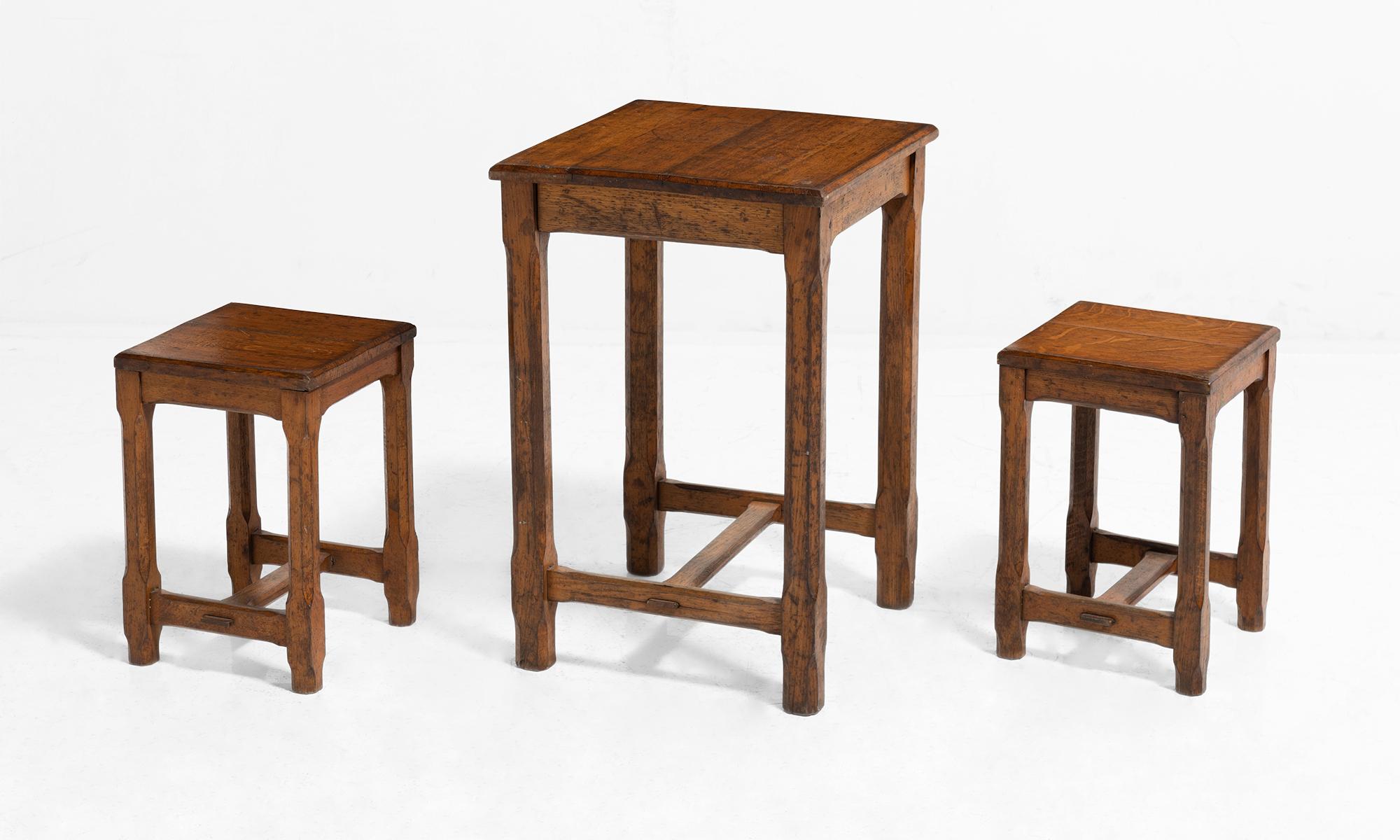 Solid oak tables with fine construction and beveled details.

 