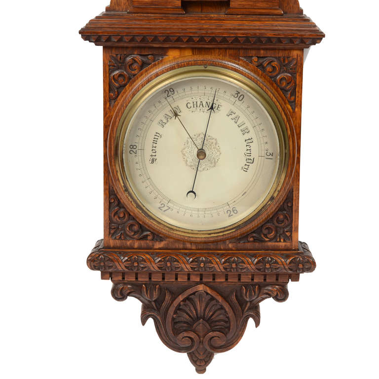 British 1900 Antique Oak Barometer Richly Carved, Antique Weather  Forecast Instrument 