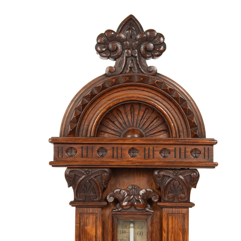 1900 Antique Oak Barometer Richly Carved, Antique Weather  Forecast Instrument  In Good Condition In Milan, IT