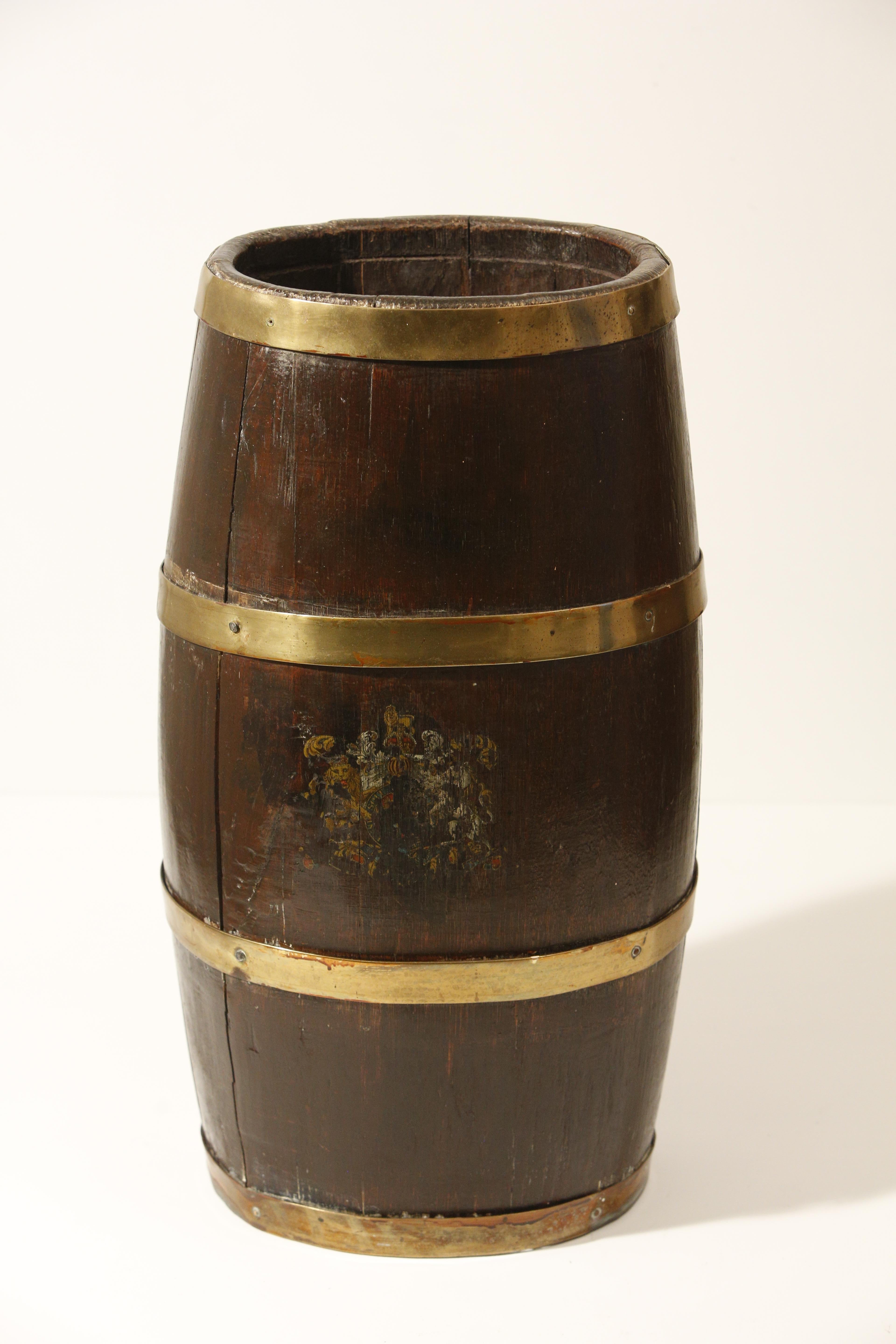 British Oak Barrel Umbrella Stand with Brass Braces English Coat of Arms 19th Century For Sale