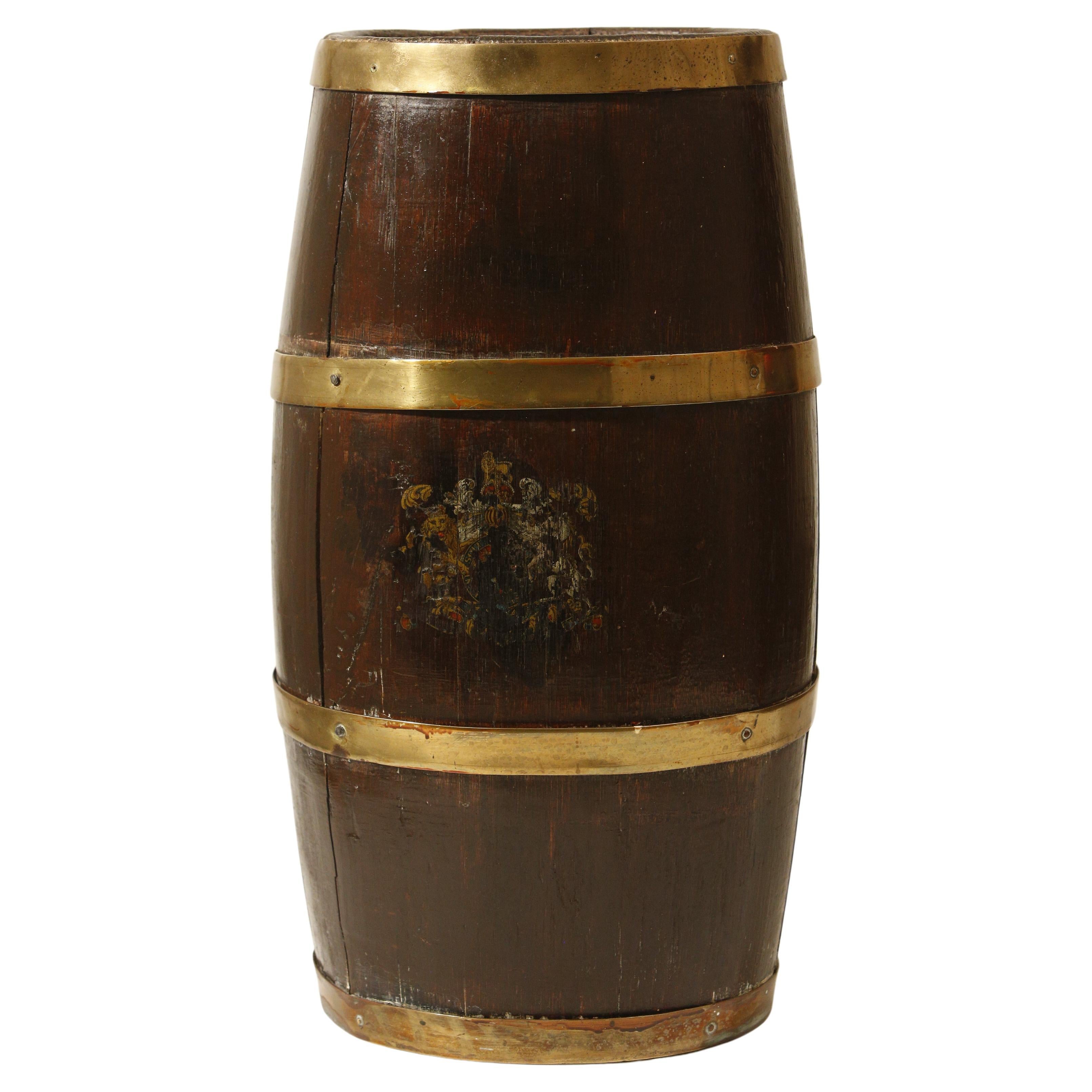 Oak Barrel Umbrella Stand with Brass Braces English Coat of Arms 19th Century For Sale