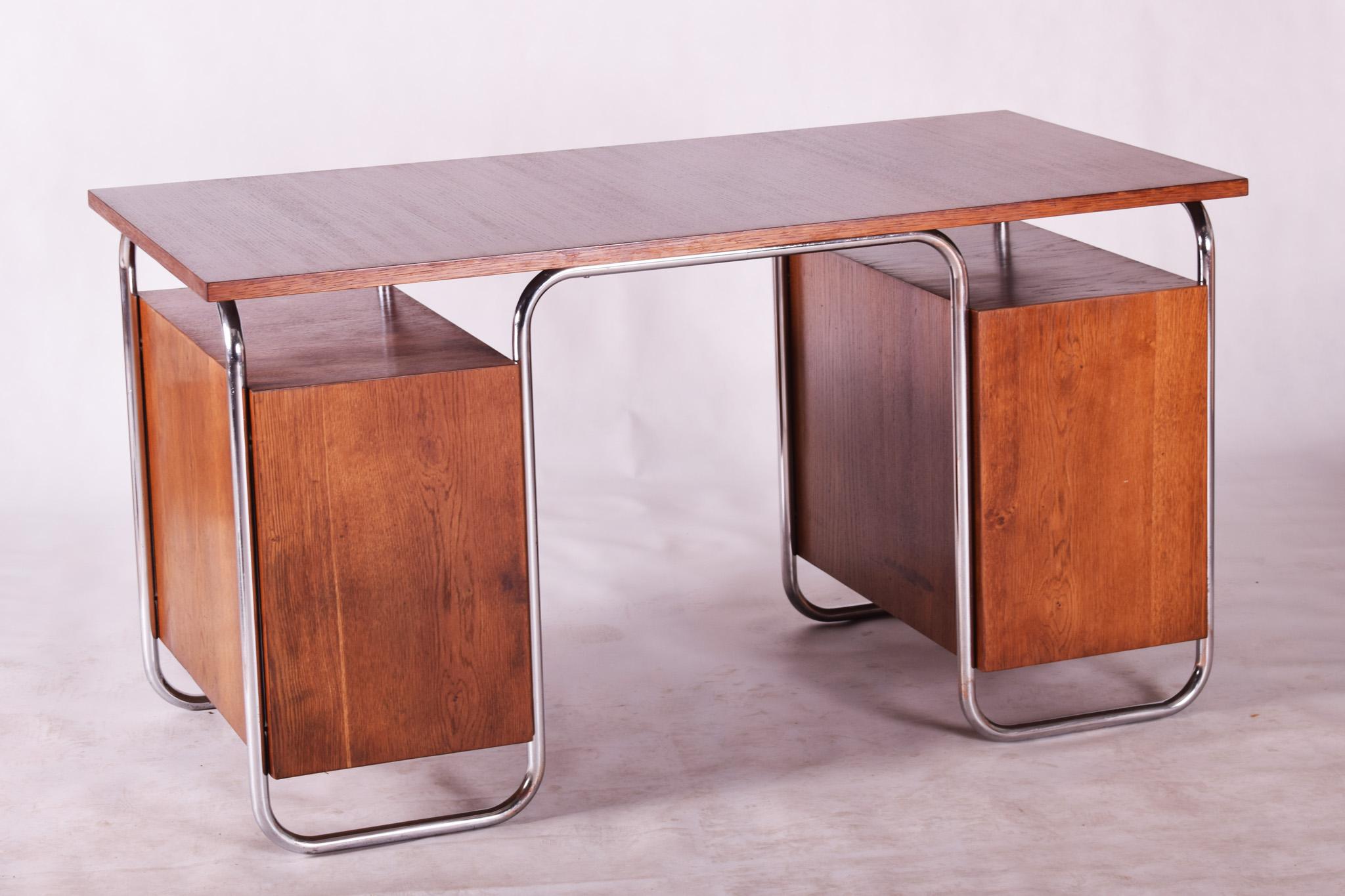 Oak Bauhaus Chrome Writing Desk by Thonet, Good Condition and Patina, 1930s 1