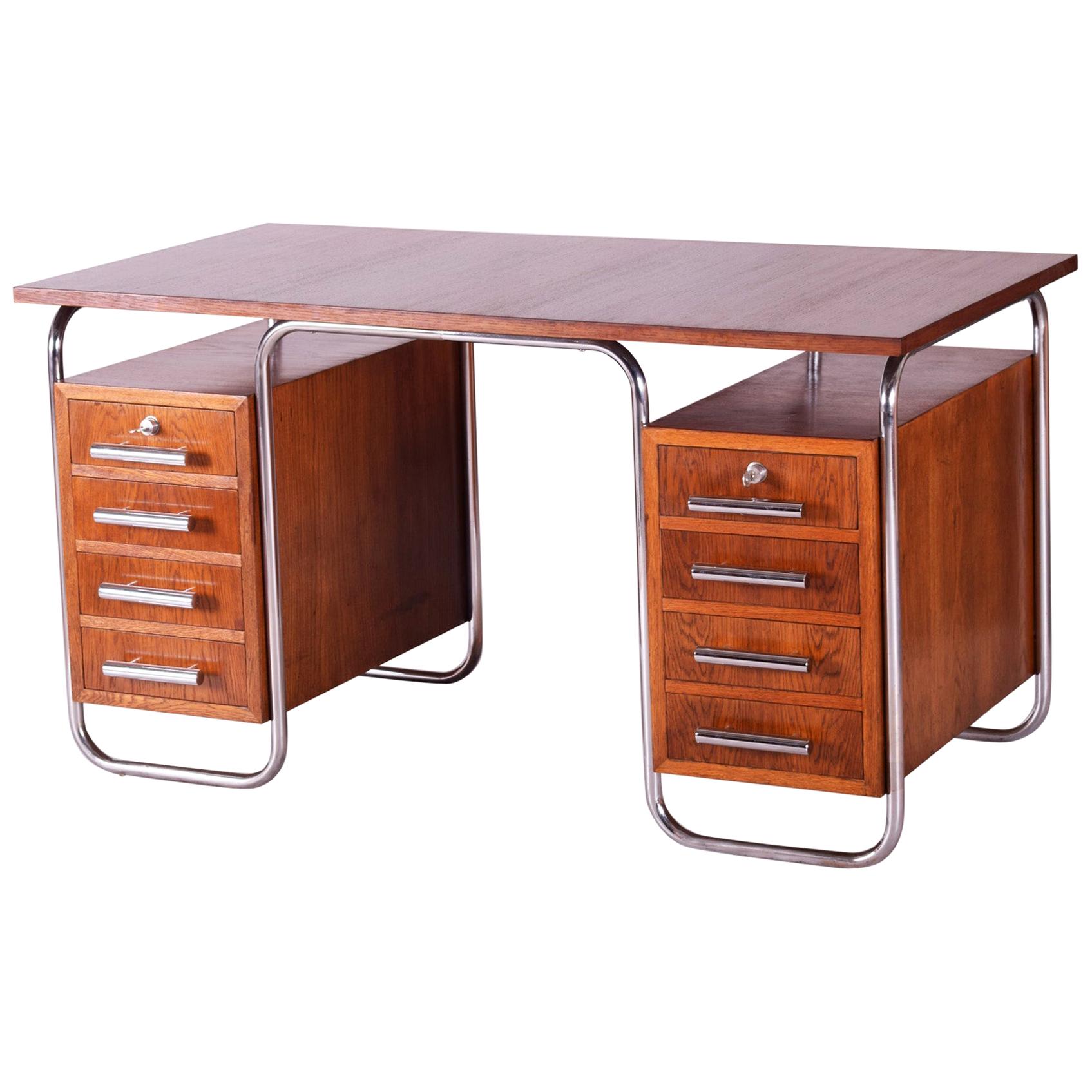 Oak Bauhaus Chrome Writing Desk by Thonet, Good Condition and Patina, 1930s
