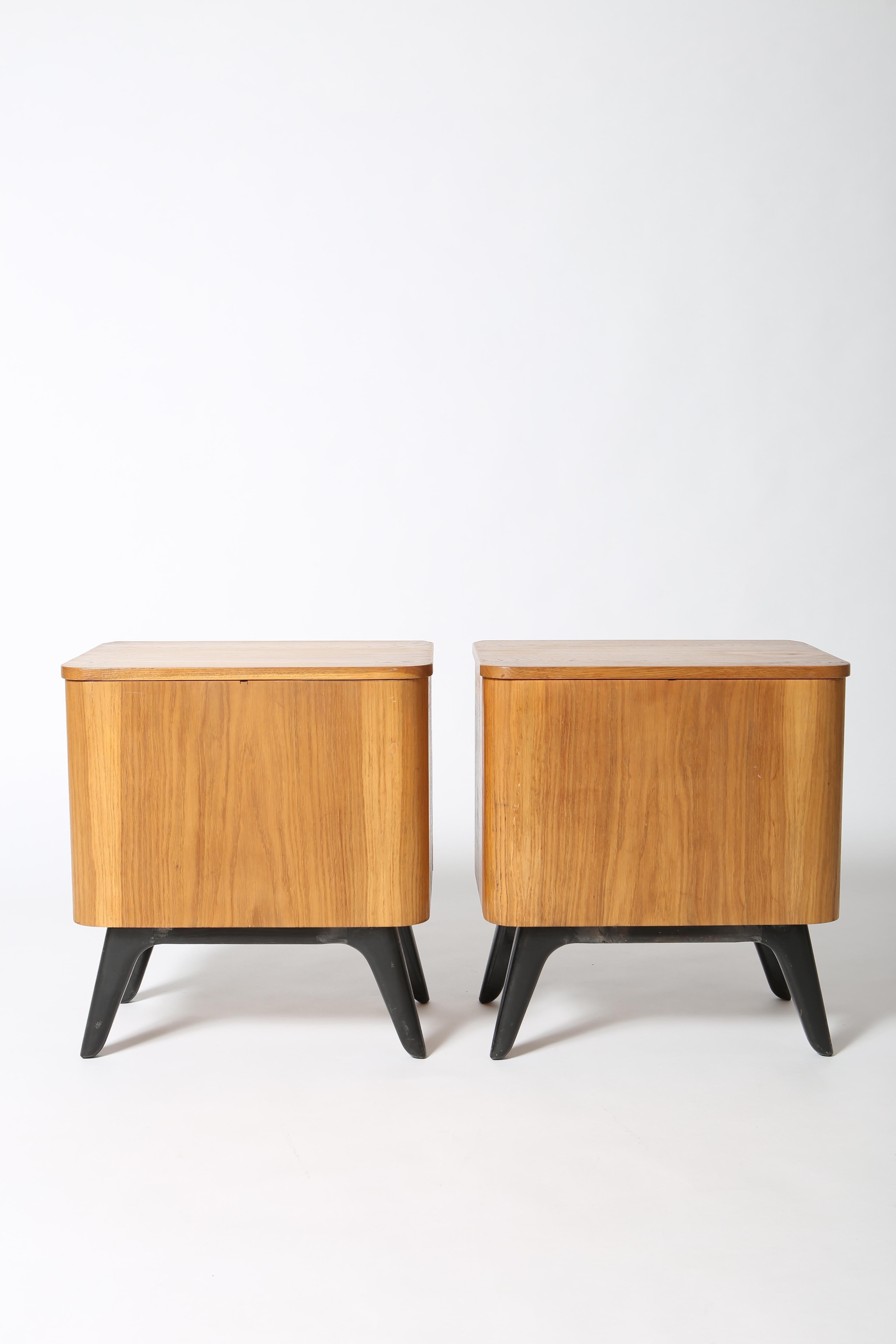 Oak Mid Century Czech Modernist side tables by Jindrich Halabala