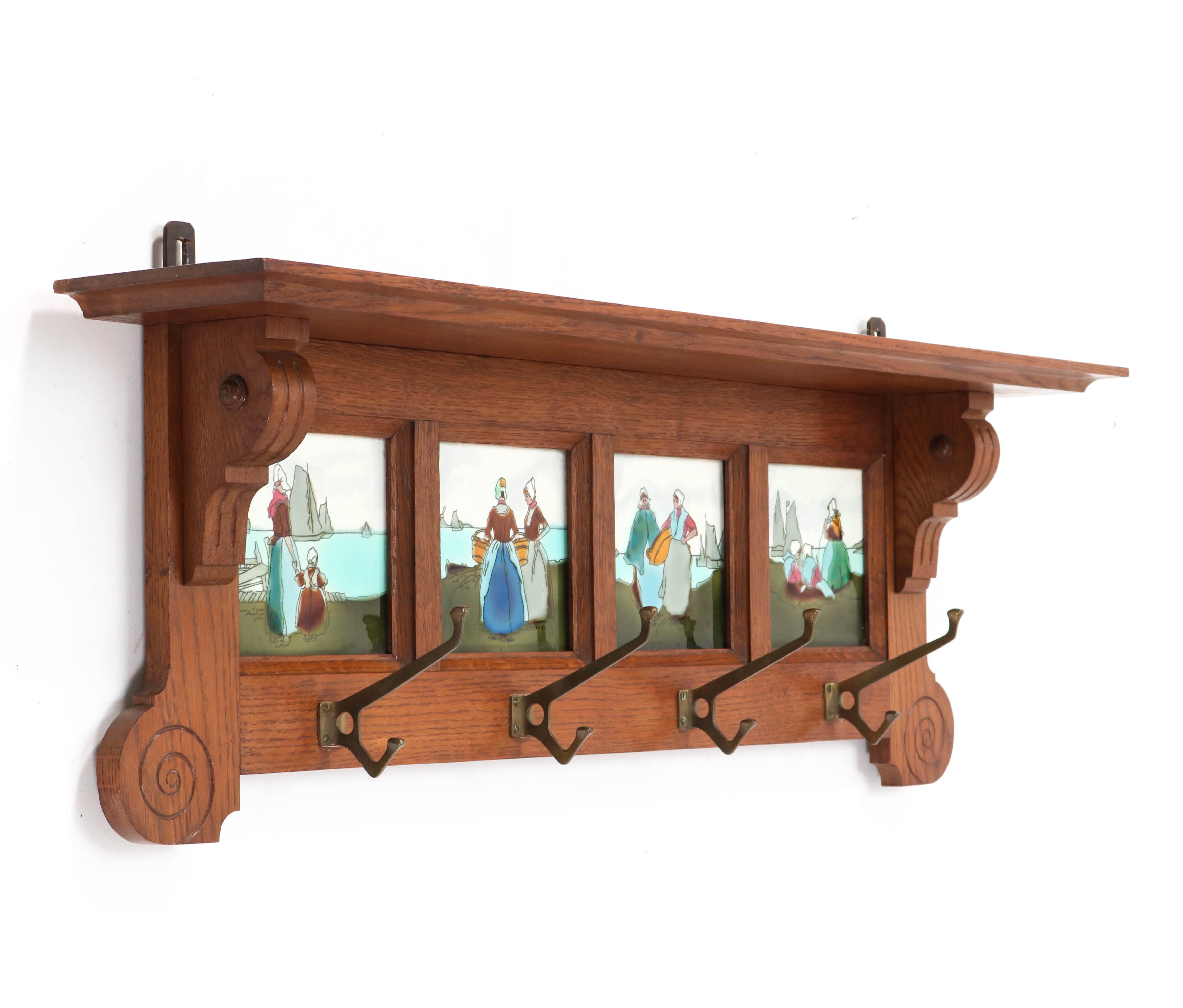 Oak Belgium Art Nouveau Wall Coat Rack with Tiles, 1900s In Good Condition For Sale In Amsterdam, NL