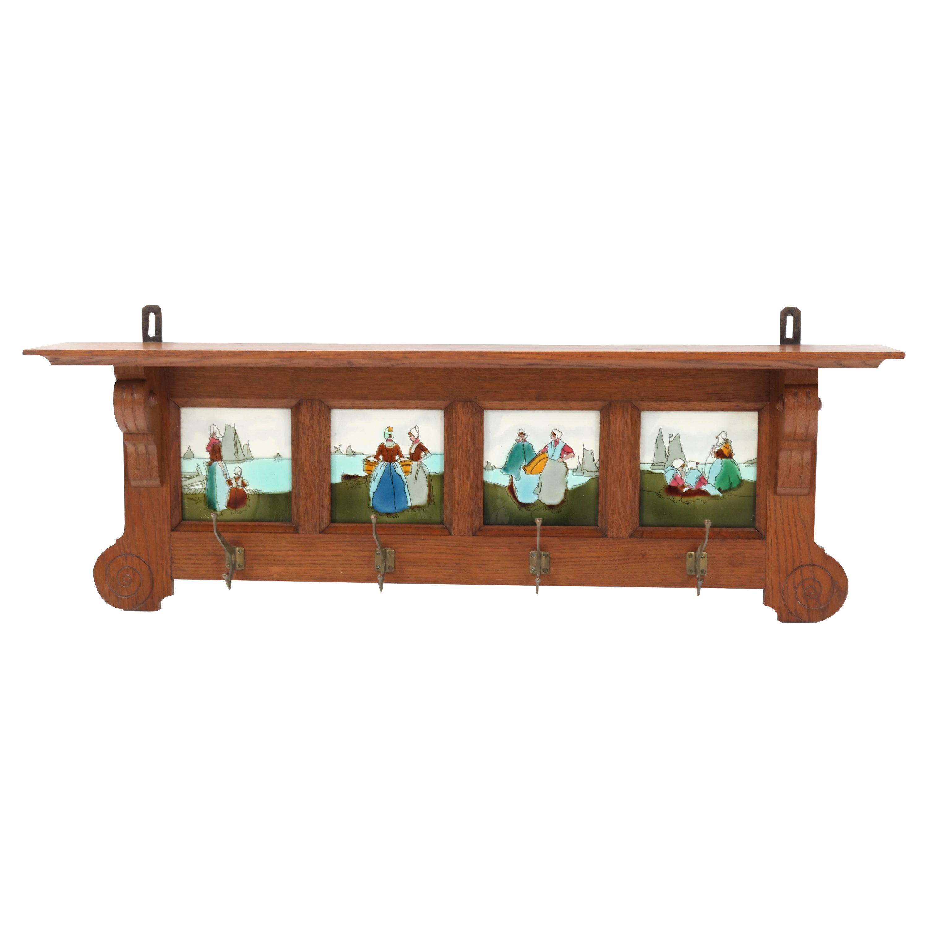 Appendiabiti da parete in Oak Belgio Art Nouveau con piastrelle, 1900 in vendita