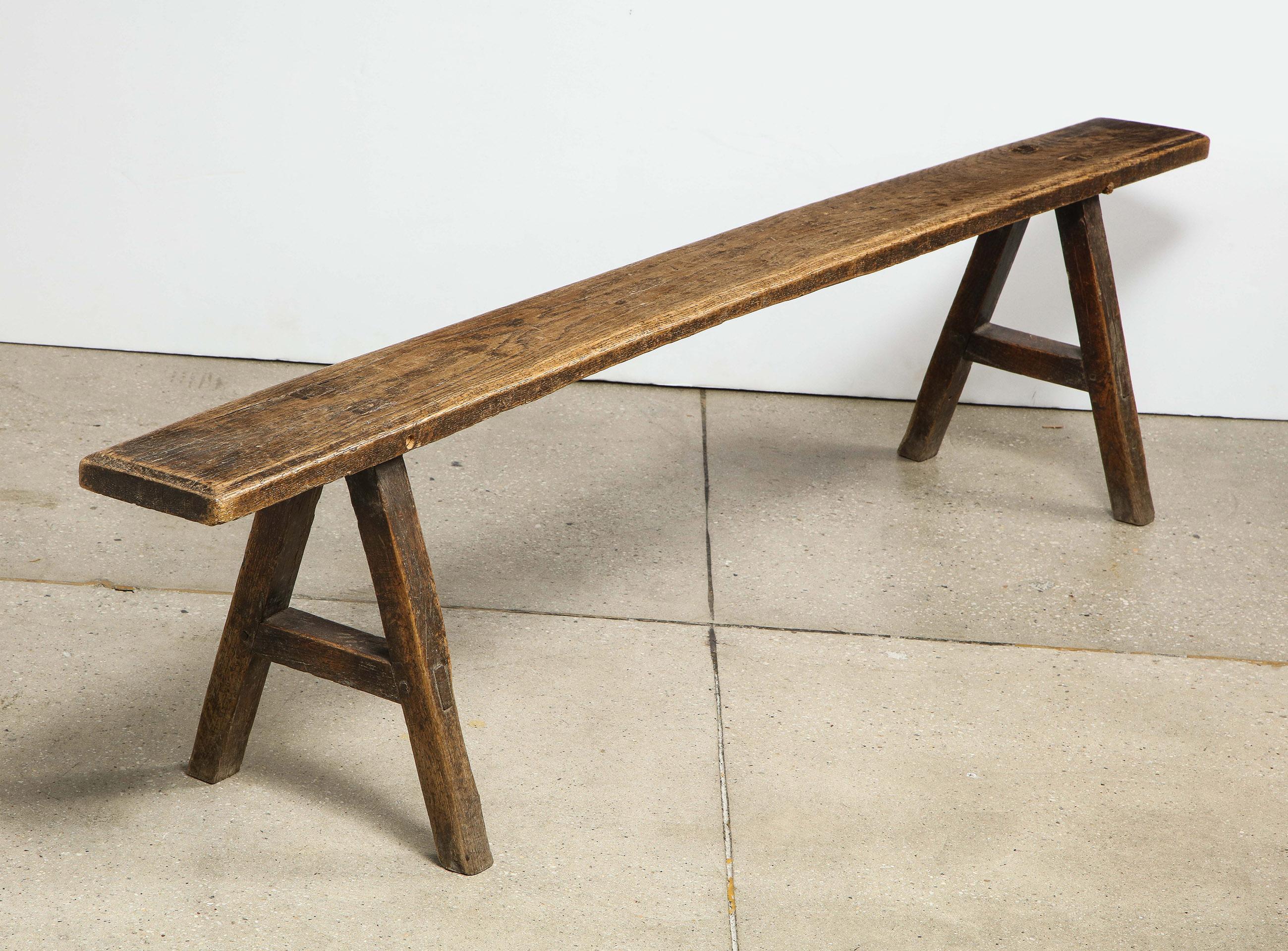 18th century oak bench

The cove molded single plank top supported by a pair of 