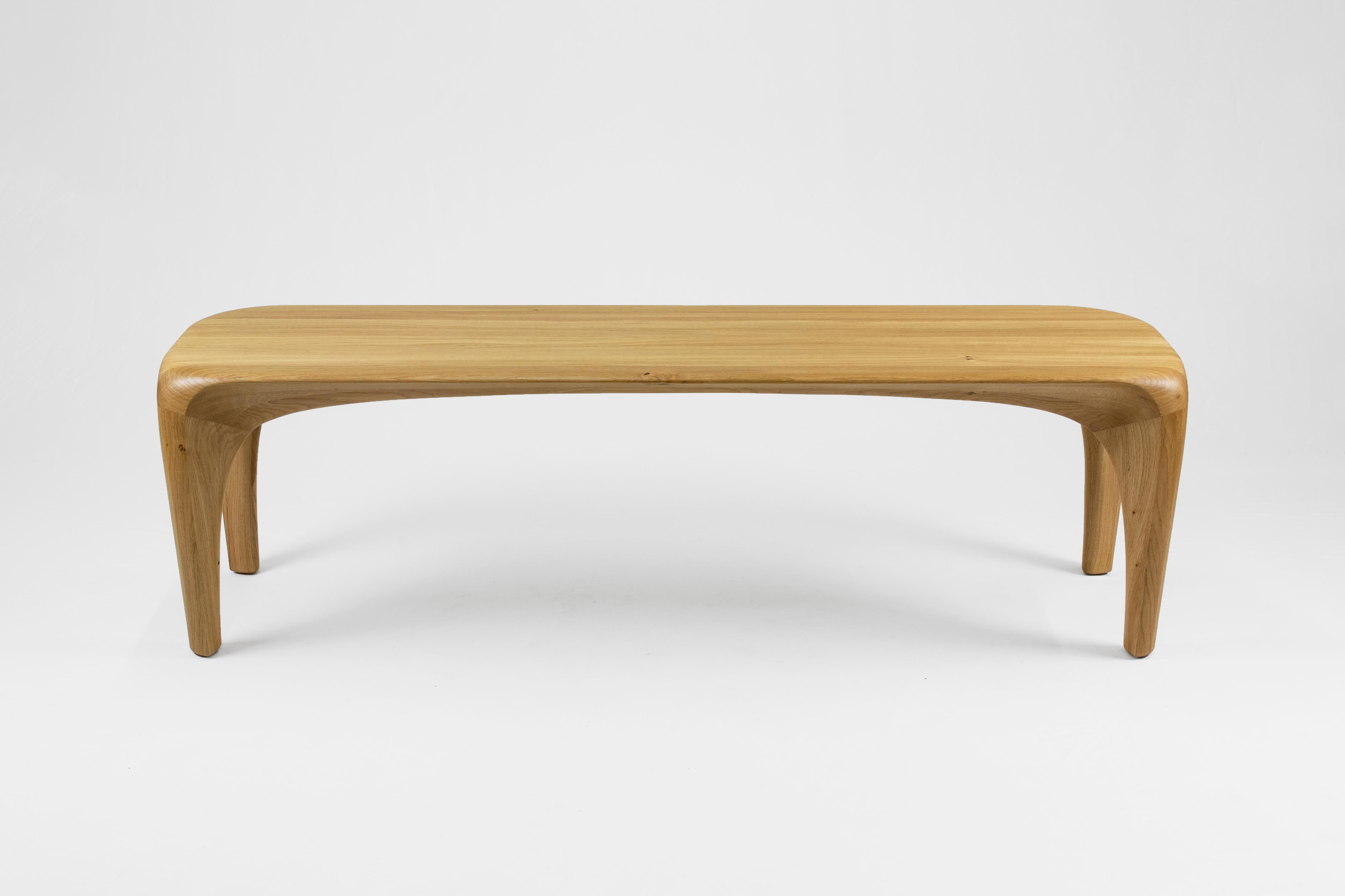 Oak bench spline by Maxime Goléo
Unique Piece
Dimensions: W 159 x D 38 x H 45 cm
Materials: French oak and natural oil

Each piece is unique, handmade, signed and dated.
Other dimensions and types of wood on request.

Designer, cabinetmaker