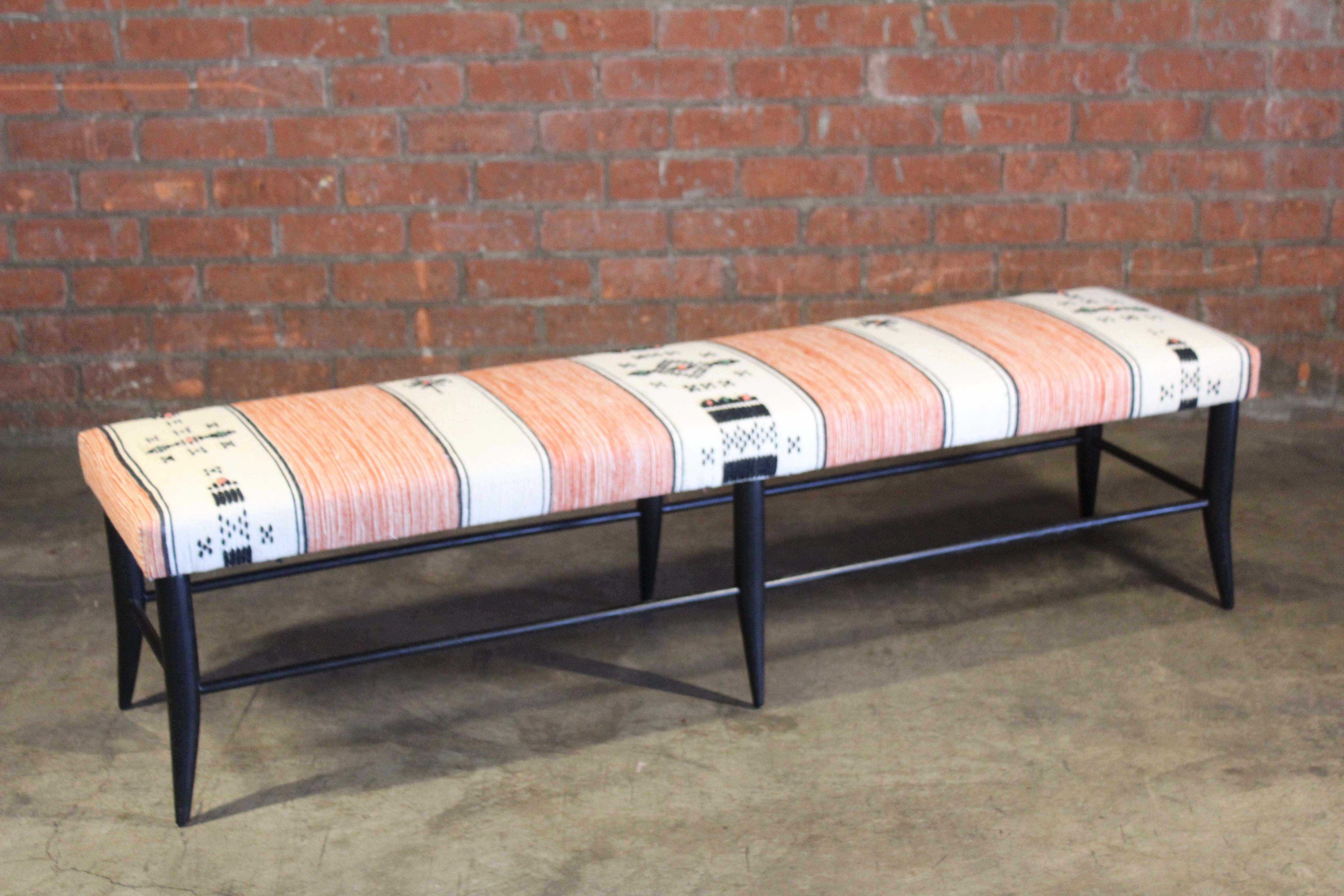 Mid-Century Modern Oak Bench Upholstered in a Vintage 1970s Moroccan Wool Textile For Sale