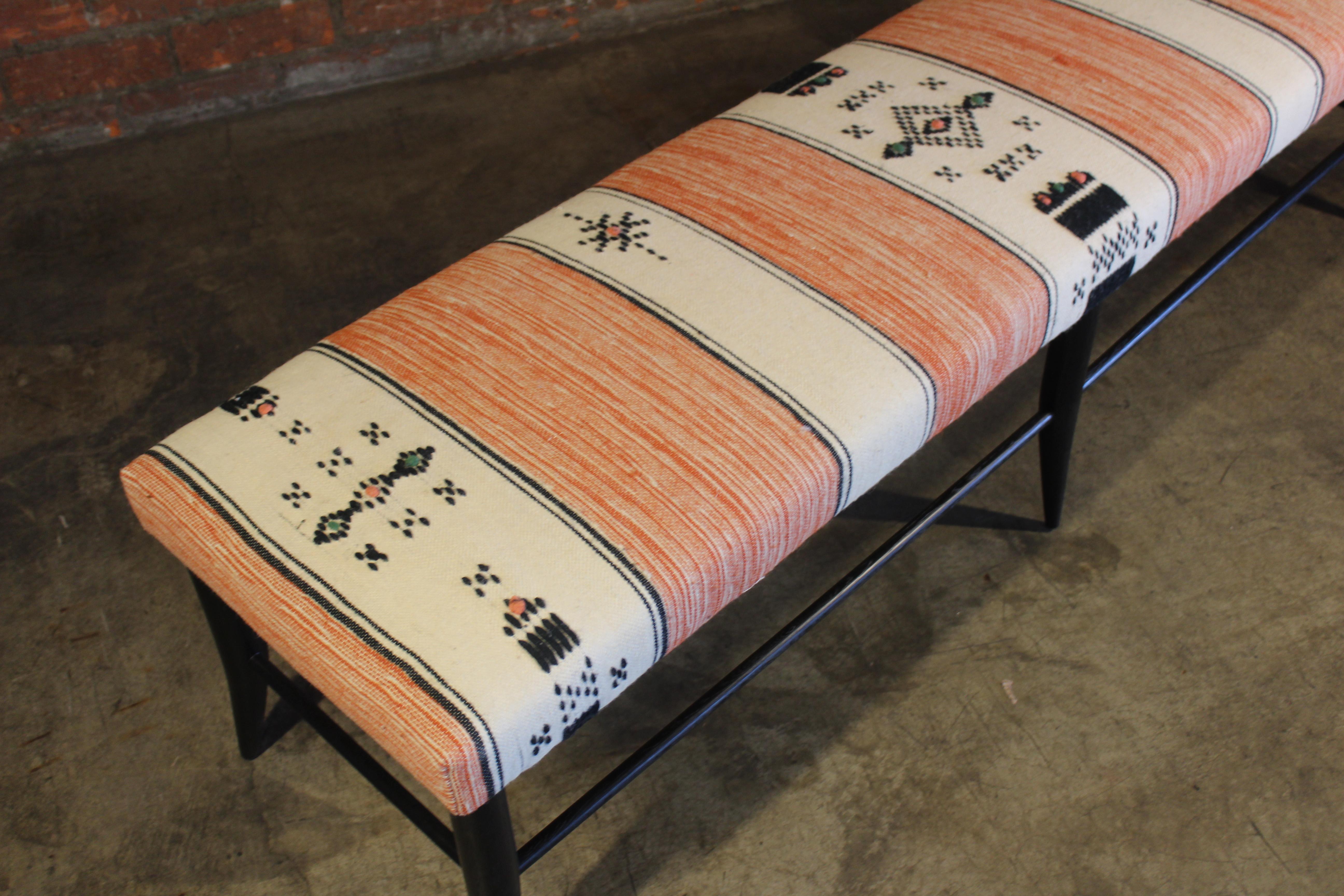 Contemporary Oak Bench Upholstered in a Vintage 1970s Moroccan Wool Textile For Sale