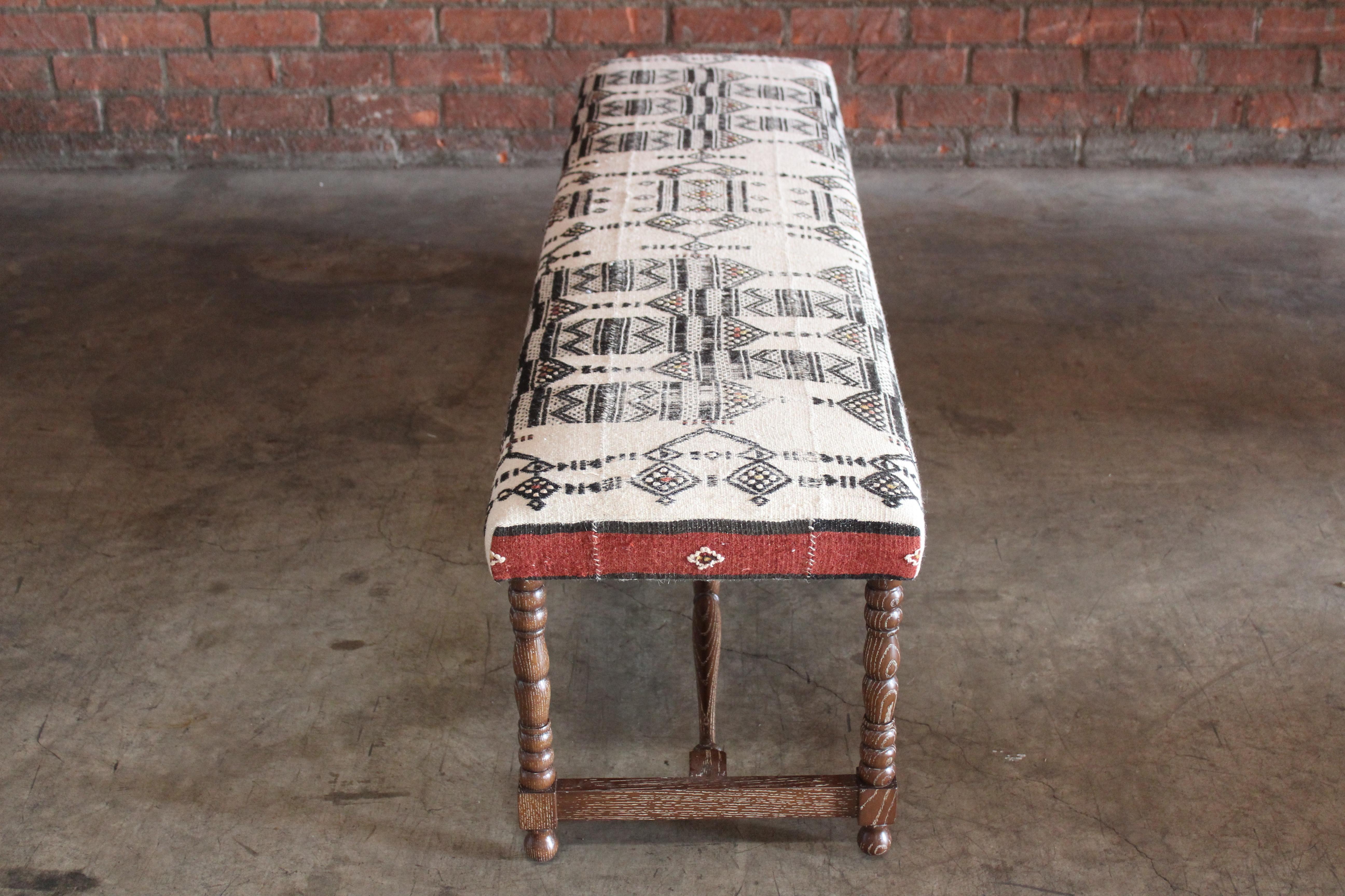 Oak Bench Upholstered in a Vintage Moroccan Wool Textile 5