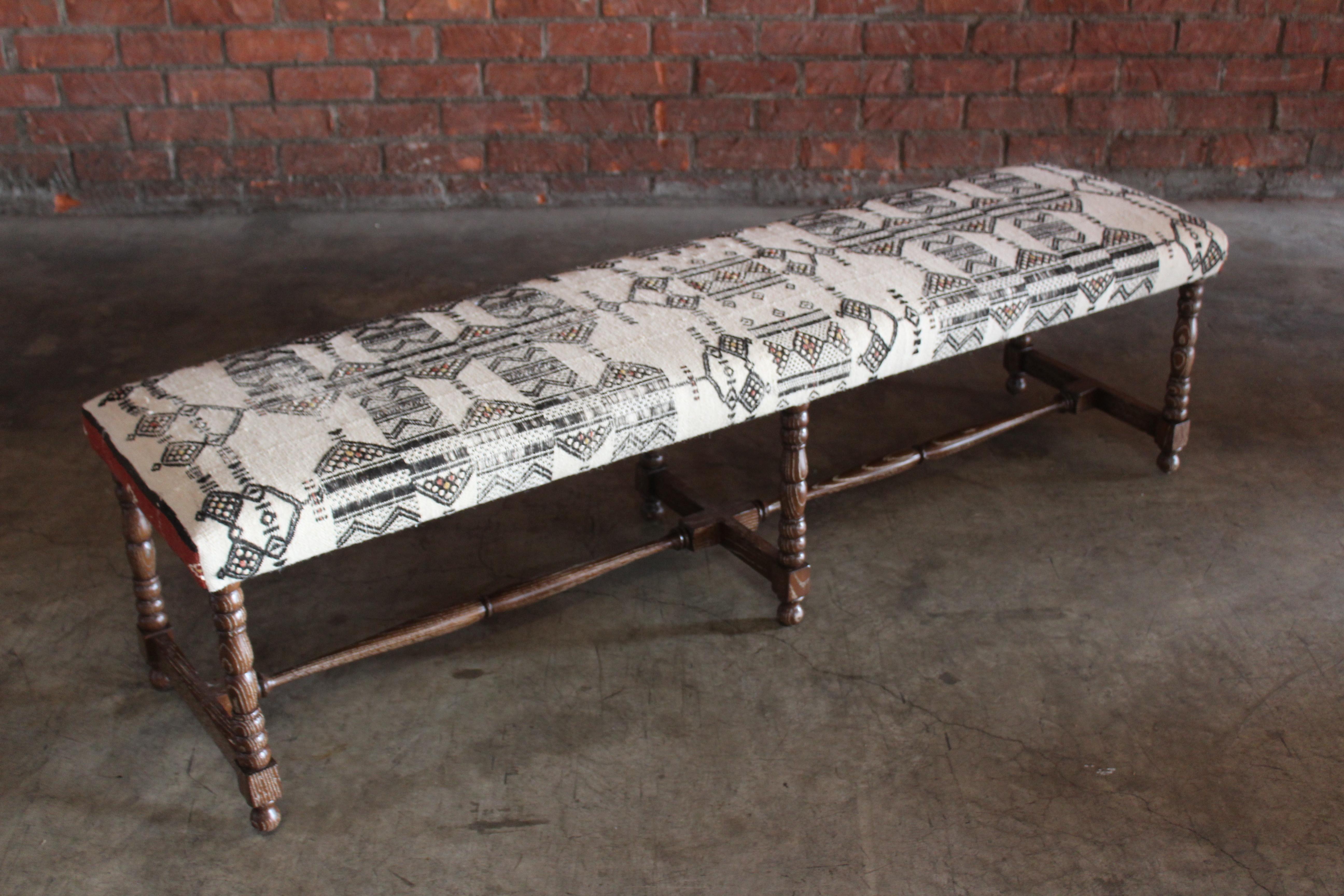 Oak Bench Upholstered in a Vintage Moroccan Wool Textile 7