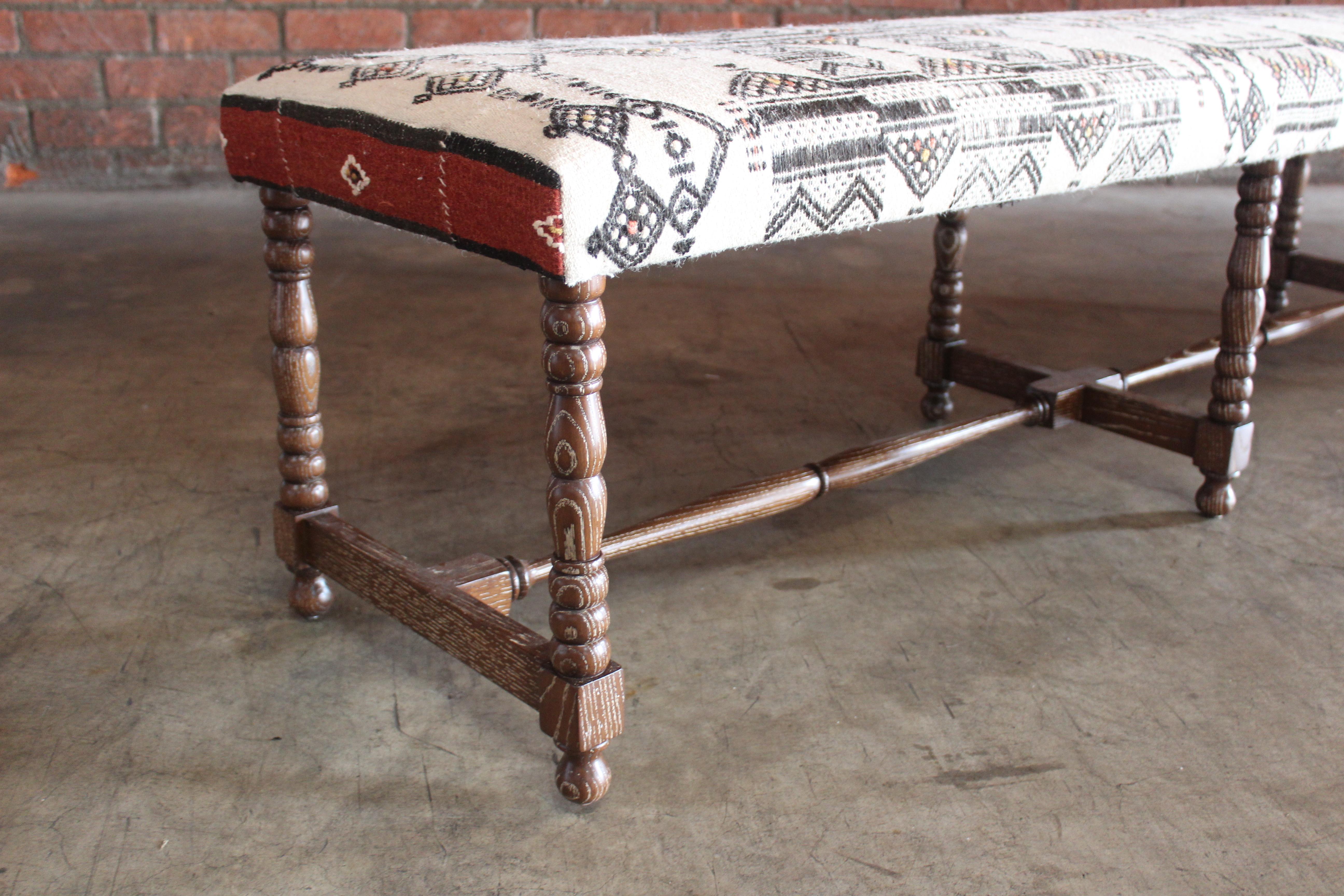 Oak Bench Upholstered in a Vintage Moroccan Wool Textile 8