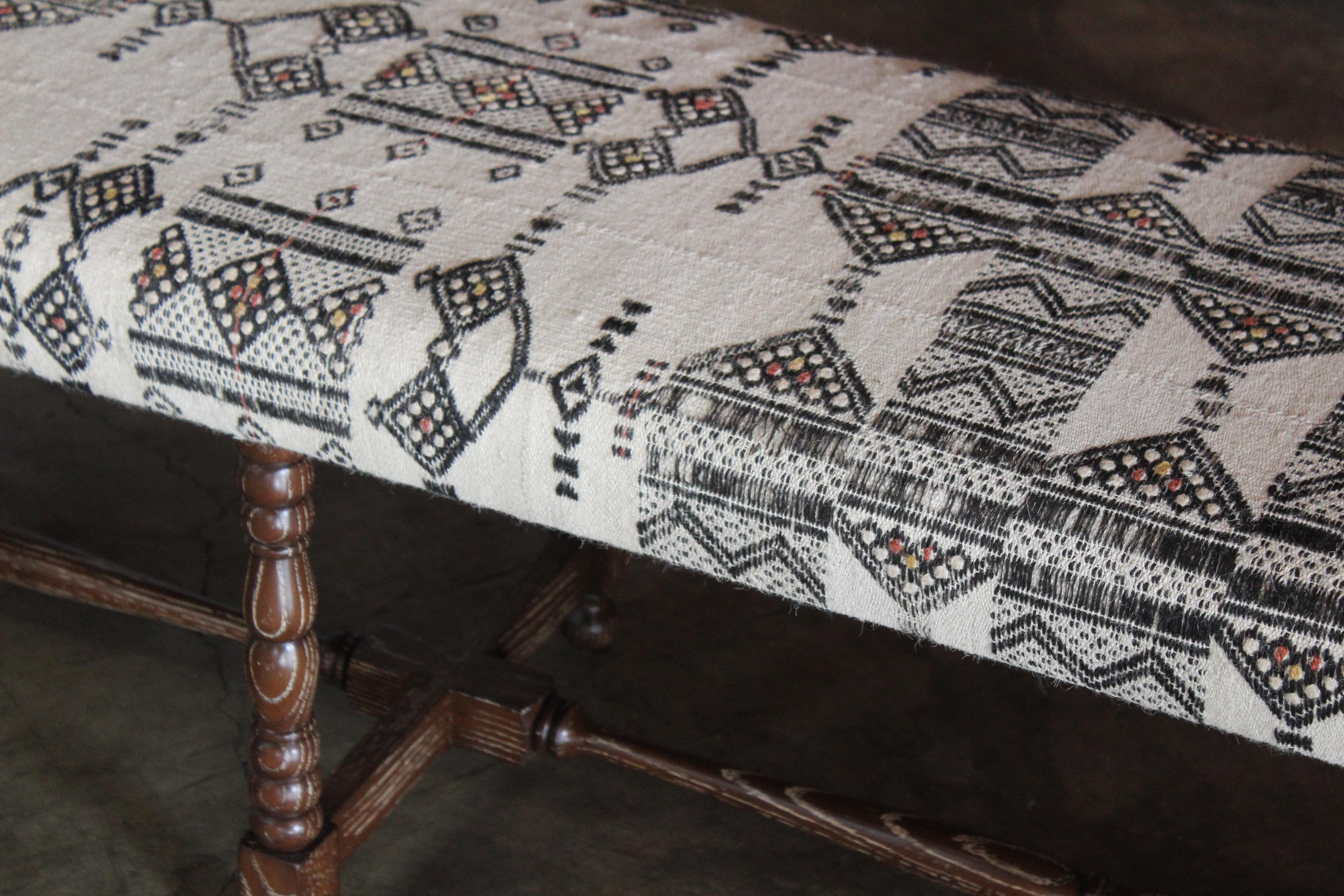 Oak Bench Upholstered in a Vintage Moroccan Wool Textile 11