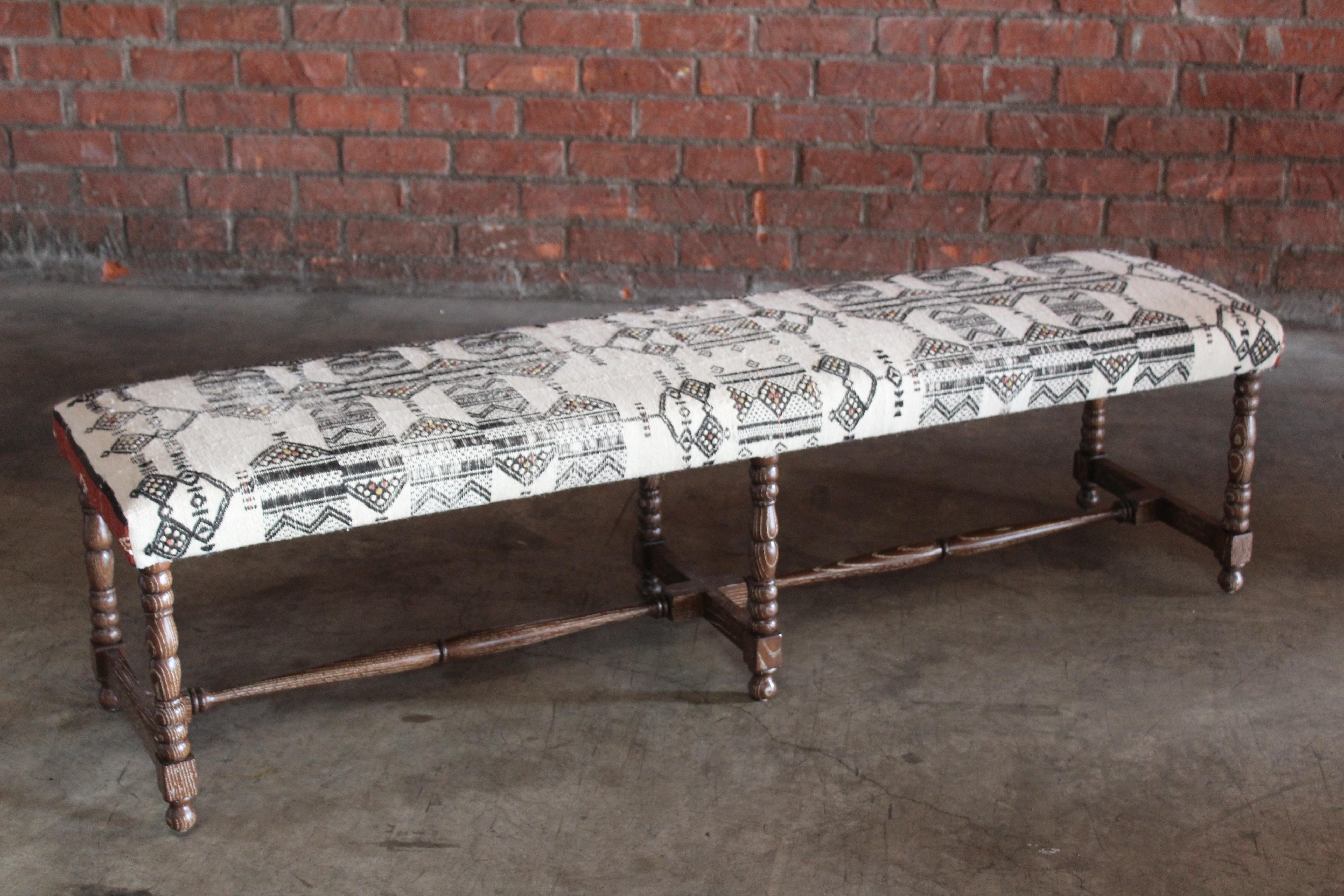 Oak Bench Upholstered in a Vintage Moroccan Wool Textile 15