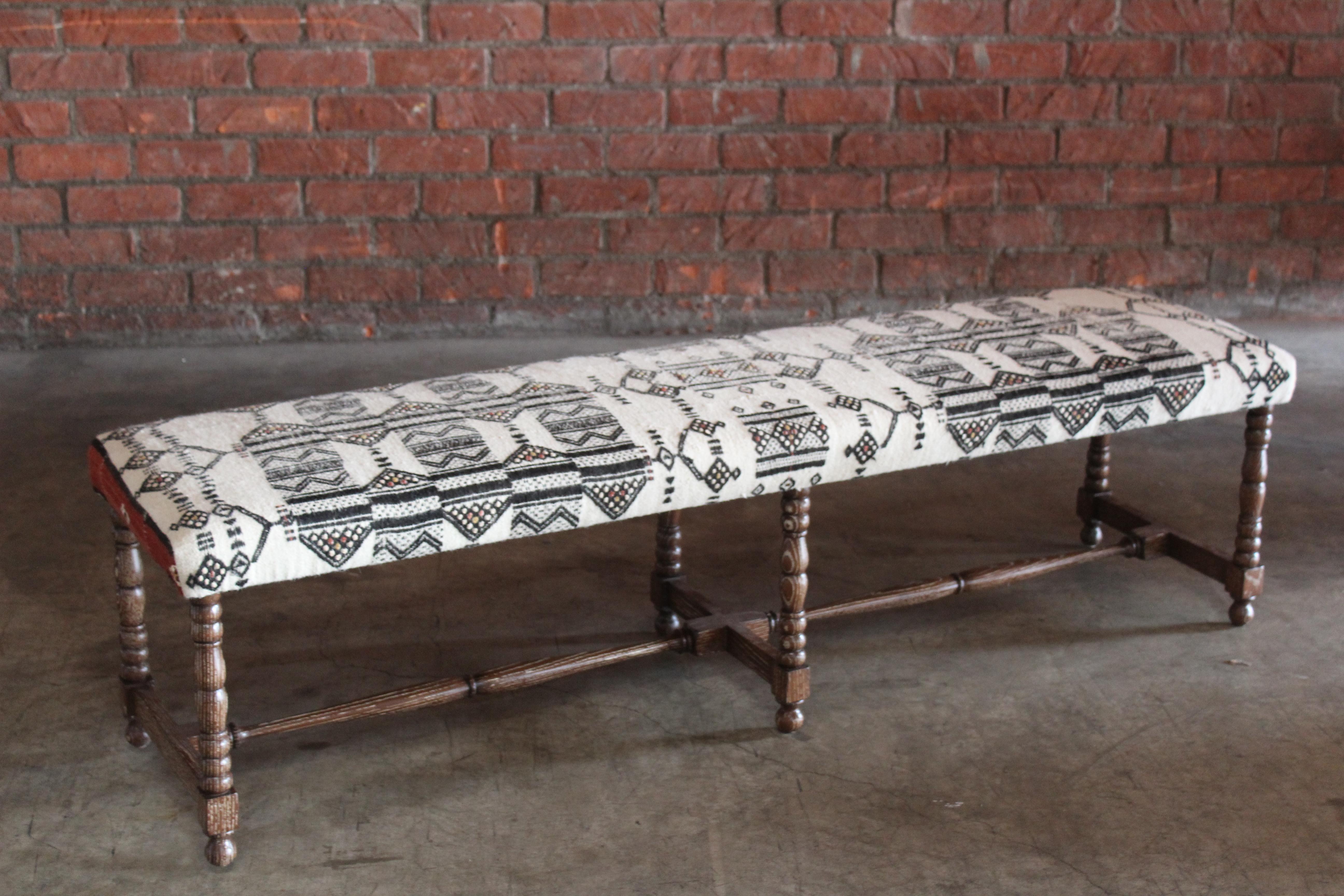 American Oak Bench Upholstered in a Vintage Moroccan Wool Textile