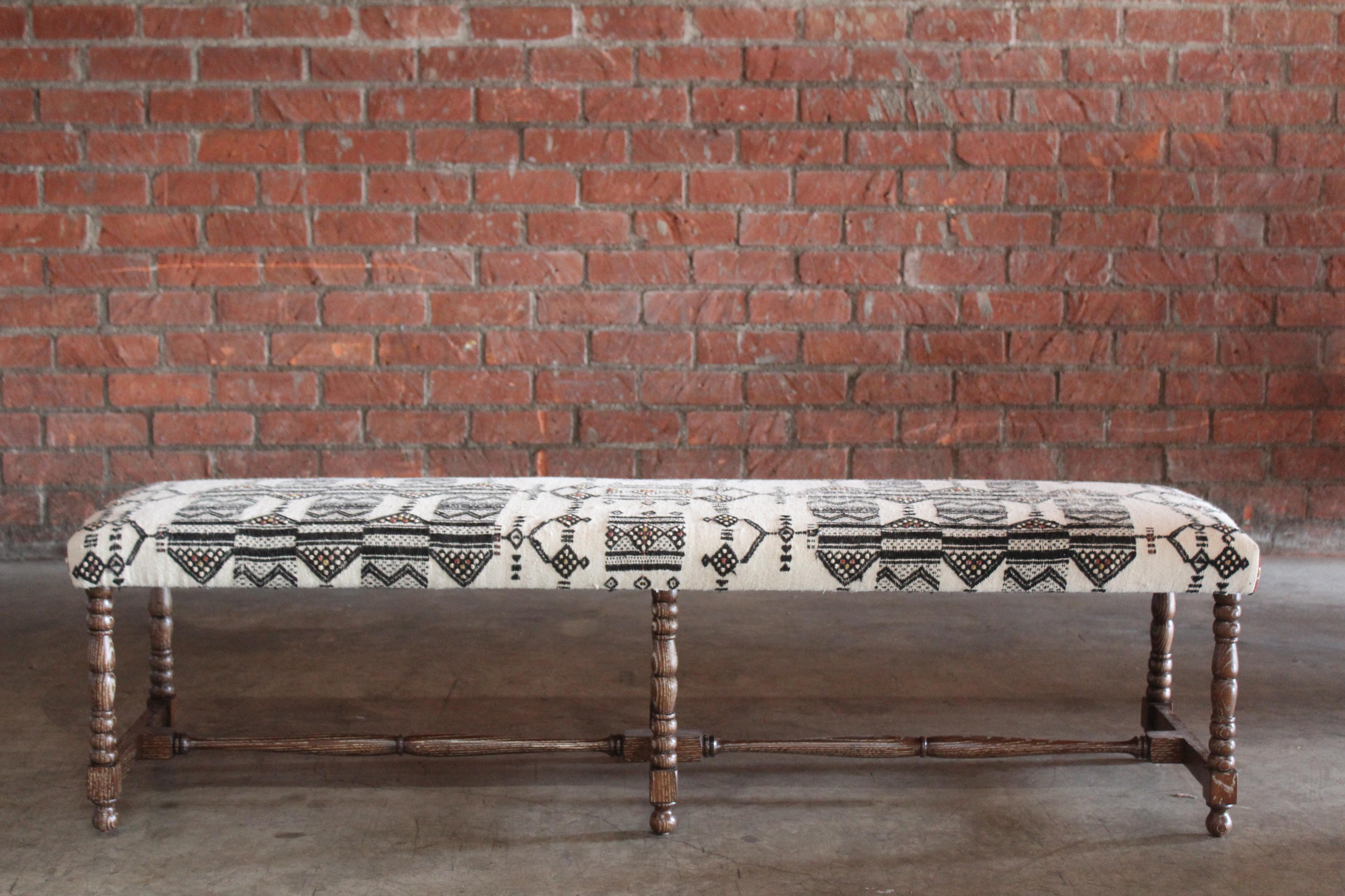 Oak Bench Upholstered in a Vintage Moroccan Wool Textile In New Condition In Los Angeles, CA