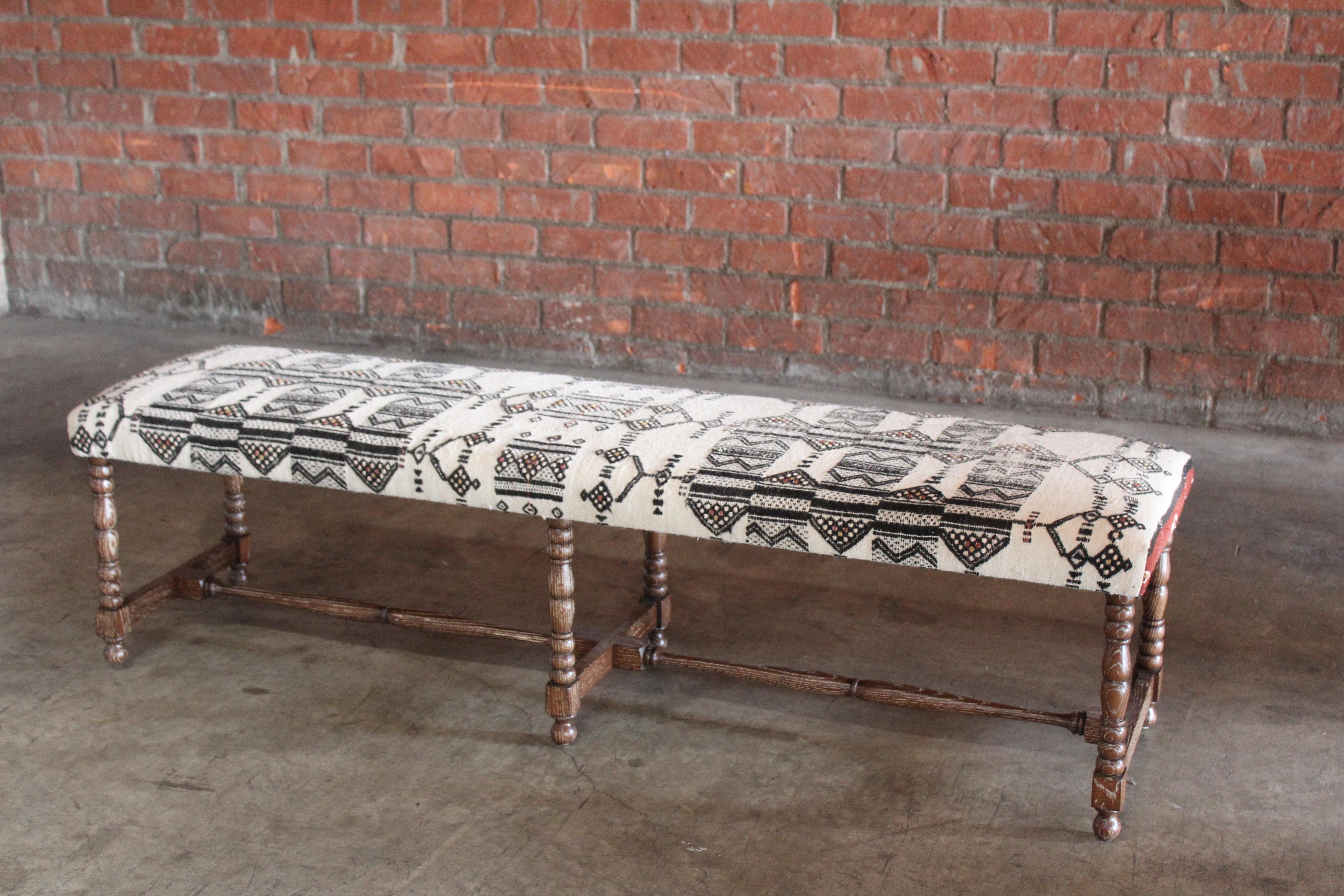 Contemporary Oak Bench Upholstered in a Vintage Moroccan Wool Textile