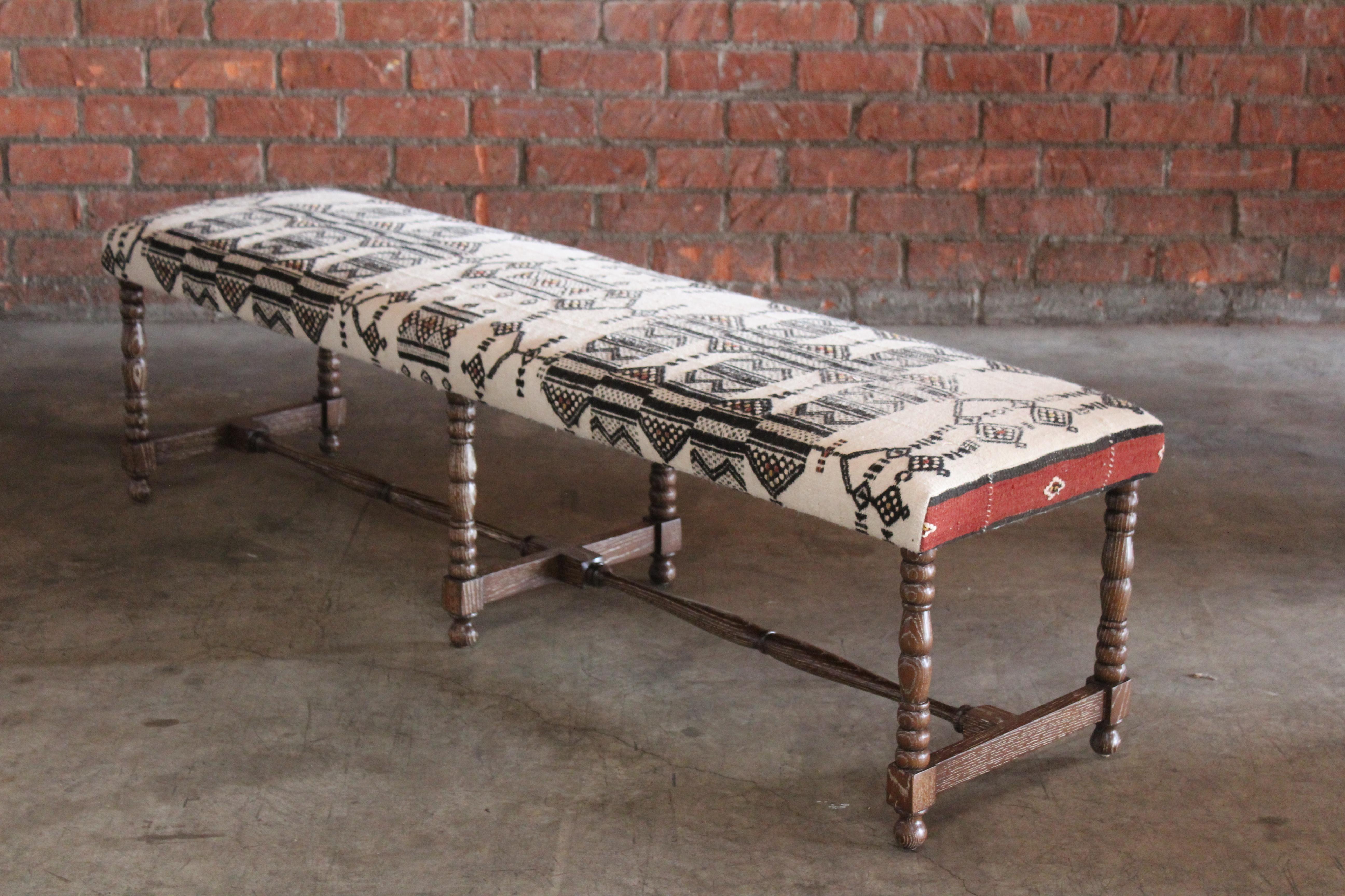 Oak Bench Upholstered in a Vintage Moroccan Wool Textile 1