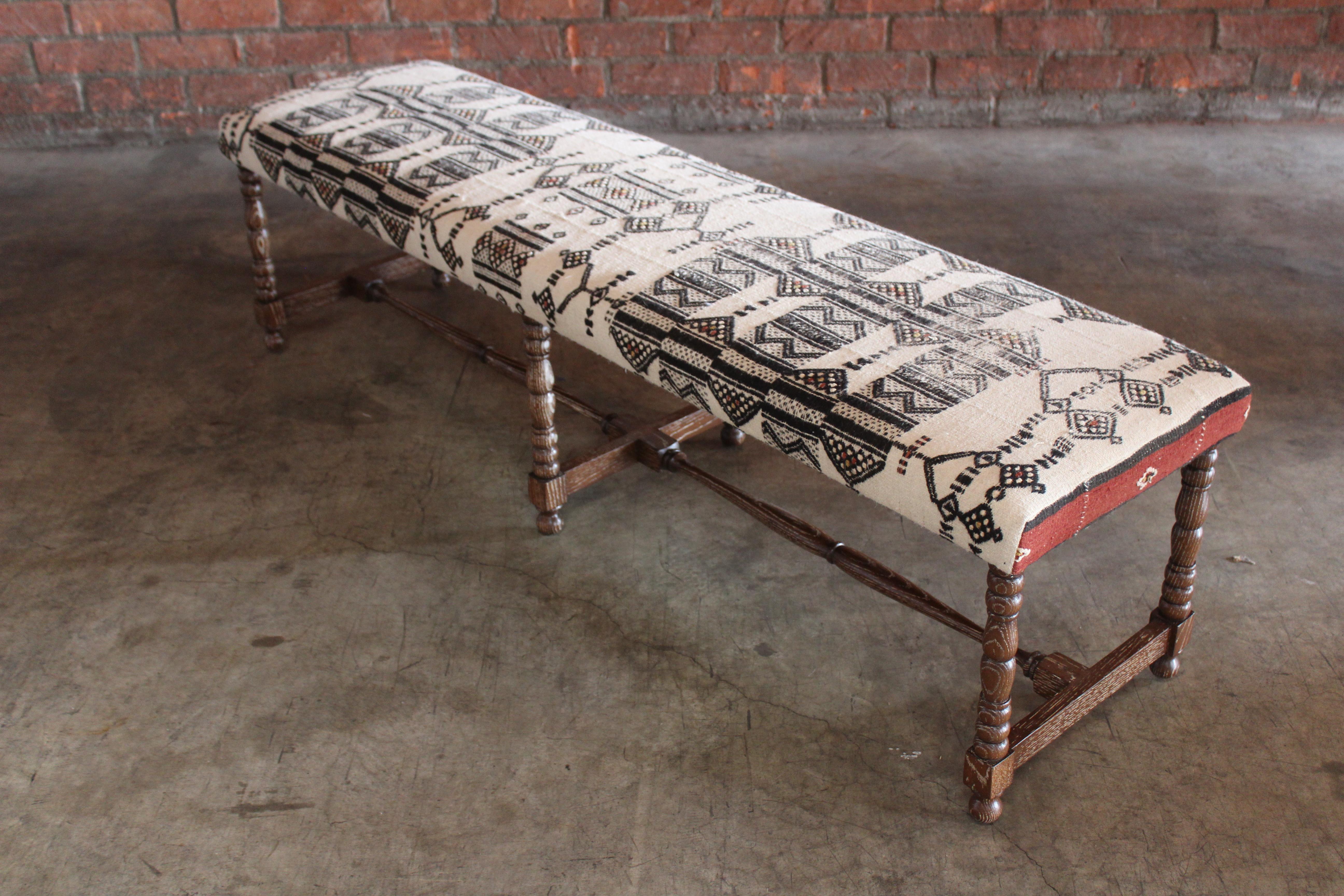 Oak Bench Upholstered in a Vintage Moroccan Wool Textile 3